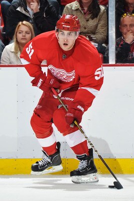 DETROIT - MAY 4: Valtteri Filppula #51 of the Detroit Red Wings skates with the puck against the San Jose Sharks in Game Three of the Western Conference Semifinals during the 2011 NHL Stanley Cup Playoffs on May 4, 2011 at Joe Louis Arena in Detroit, Mich