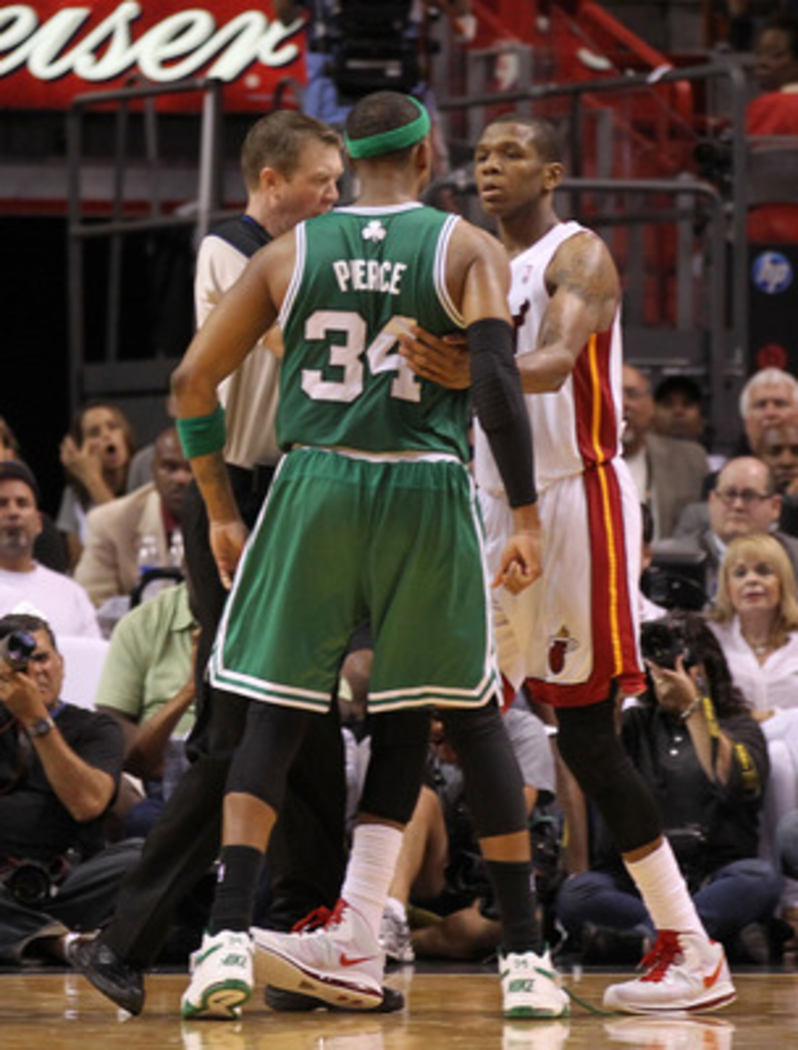 MIAMI, FL - MAY 01:  James Jones #22 of the Miami Heat scuffles with Paul Pierce #34 of the Boston Celtics resulting in a technical foul during Game One of the Eastern Conference Semifinals of the 2011 NBA Playoffs at American Airlines Arena on May 1, 201