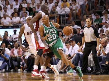 MIAMI, FL - MAY 03:  Ray Allen #20 of the Boston Celtics drive around Joel Anthony #50 of  the Miami Heat during Game Two of the Eastern Conference Semifinals of the 2011 NBA Playoffs at American Airlines Arena on May 3, 2011 in Miami, Florida. NOTE TO US