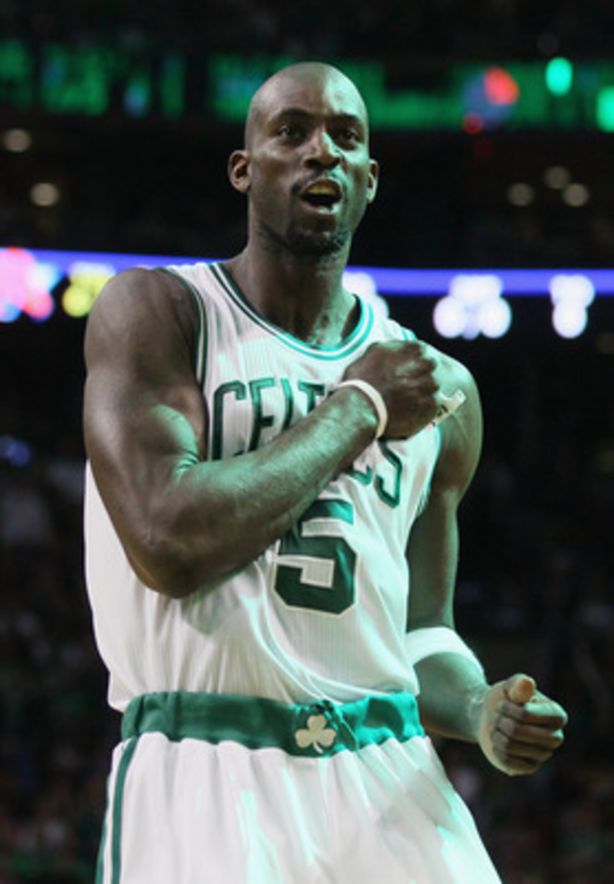 BOSTON, MA - APRIL 17:  Kevin Garnett #5 of the Boston Celtics rallies the fans before the opening tipoff against the New York Knicks  in Game One of the Eastern Conference Quarterfinals in the 2011 NBA Playoffs on April 17, 2011 at the TD Garden in Bosto