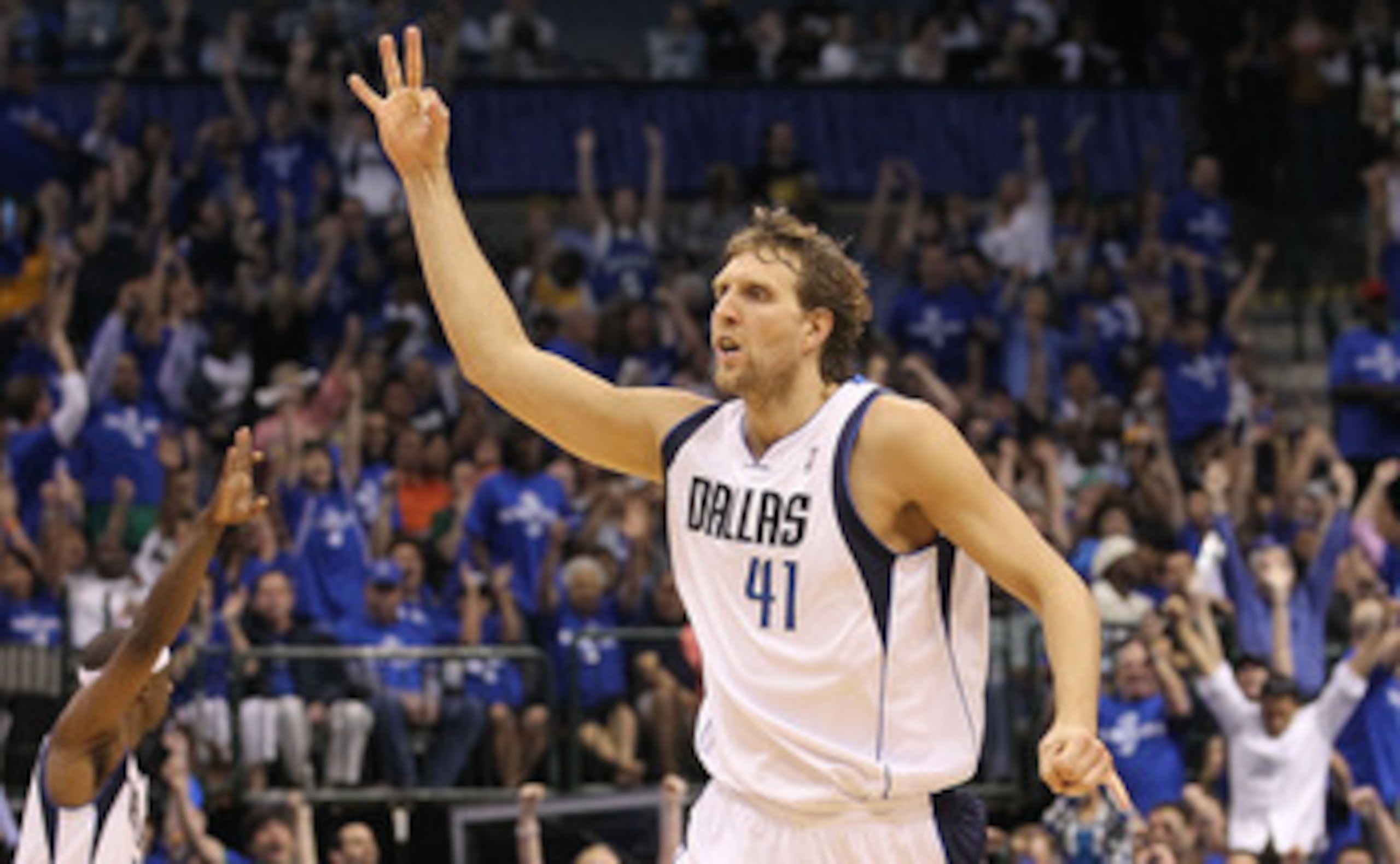DALLAS, TX - MAY 06:  Forward Dirk Nowitzki #41 of the Dallas Mavericks reacts after making a three-point shot against the Los Angeles Lakers in Game Three of the Western Conference Semifinals during the 2011 NBA Playoffs on May 6, 2011 at American Airlin