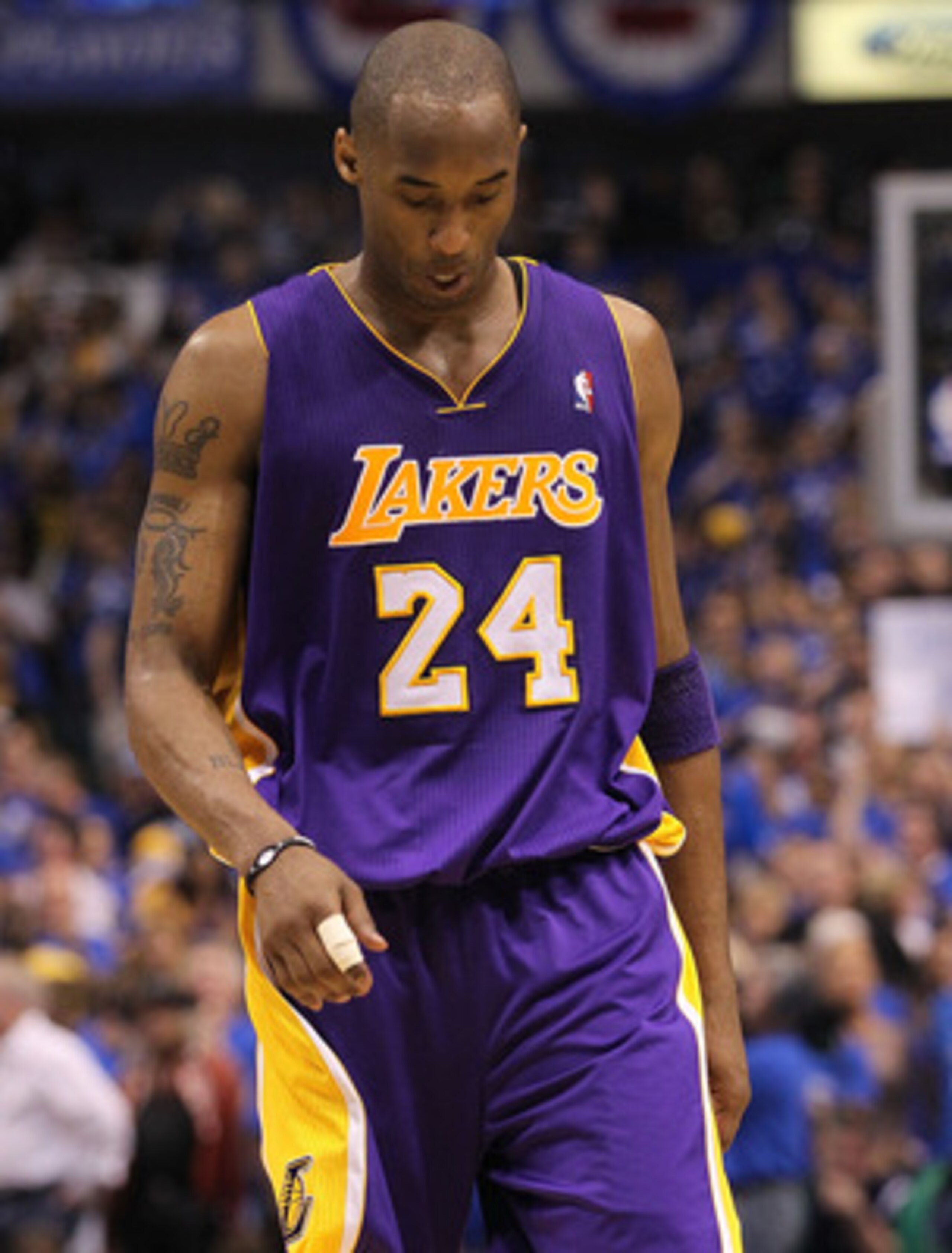 DALLAS, TX - MAY 06:  Guard Kobe Bryant #24 of the Los Angeles Lakers reacts during a 98-92 loss against the Dallas Mavericks in Game Three of the Western Conference Semifinals during the 2011 NBA Playoffs on May 6, 2011 at American Airlines Center in Dal