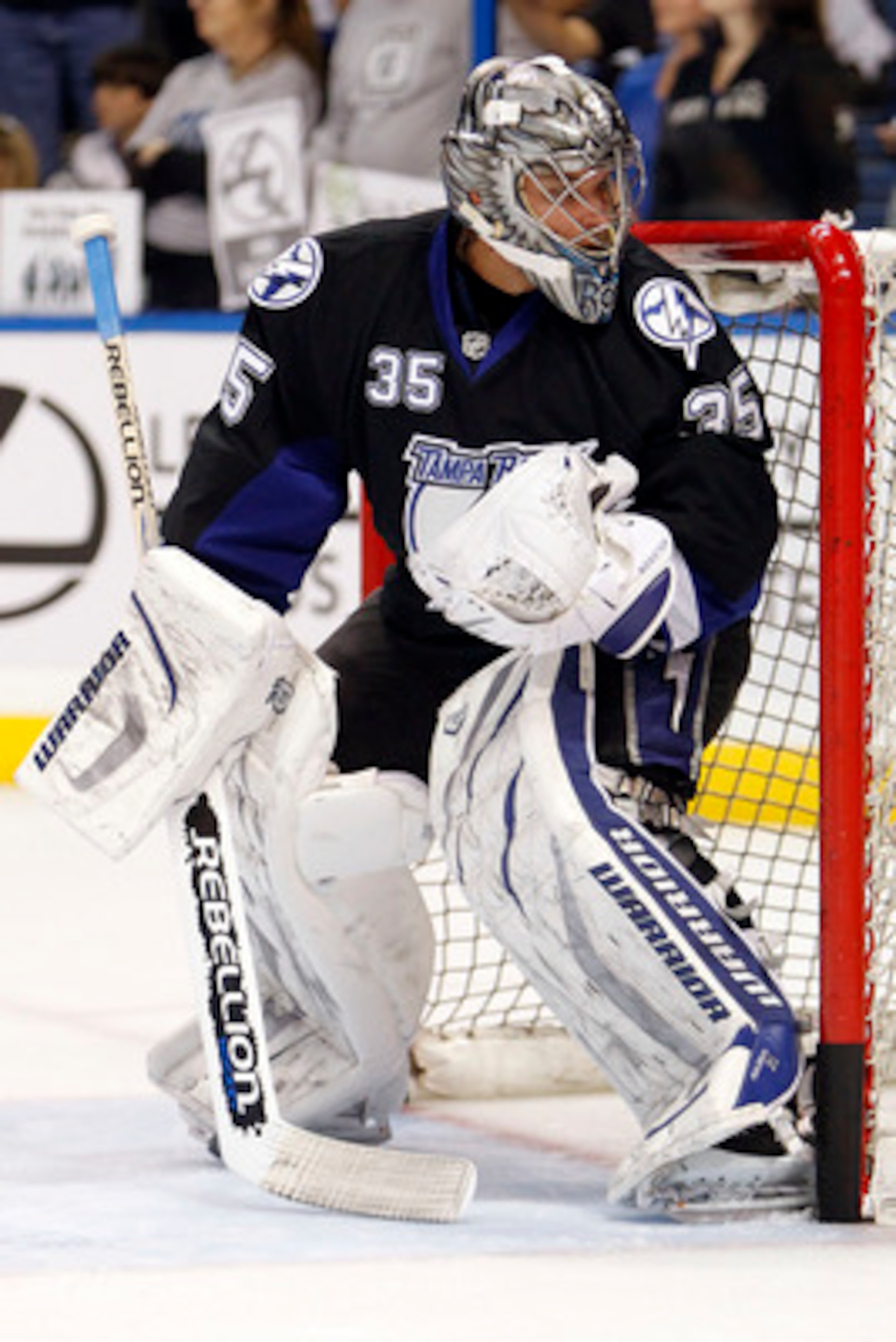 TAMPA, FL - APRIL 18: Goaltender Dwayne Roloson #35 of the Tampa Bay Lightning defends the net against the Pittsburgh Penguins in Game Three of the Eastern Conference Quarterfinals during the 2011 NHL Stanley Cup Playoffs at the St. Pete Times Forum on Ap TAMPA, FL - APRIL 18: Goaltender Dwayne Roloson #35 of the Tampa Bay Lightning defends the net against the Pittsburgh Penguins in Game Three of the Eastern Conference Quarterfinals during the 2011 NHL Stanley Cup Playoffs at the St. Pete Times Forum on Ap