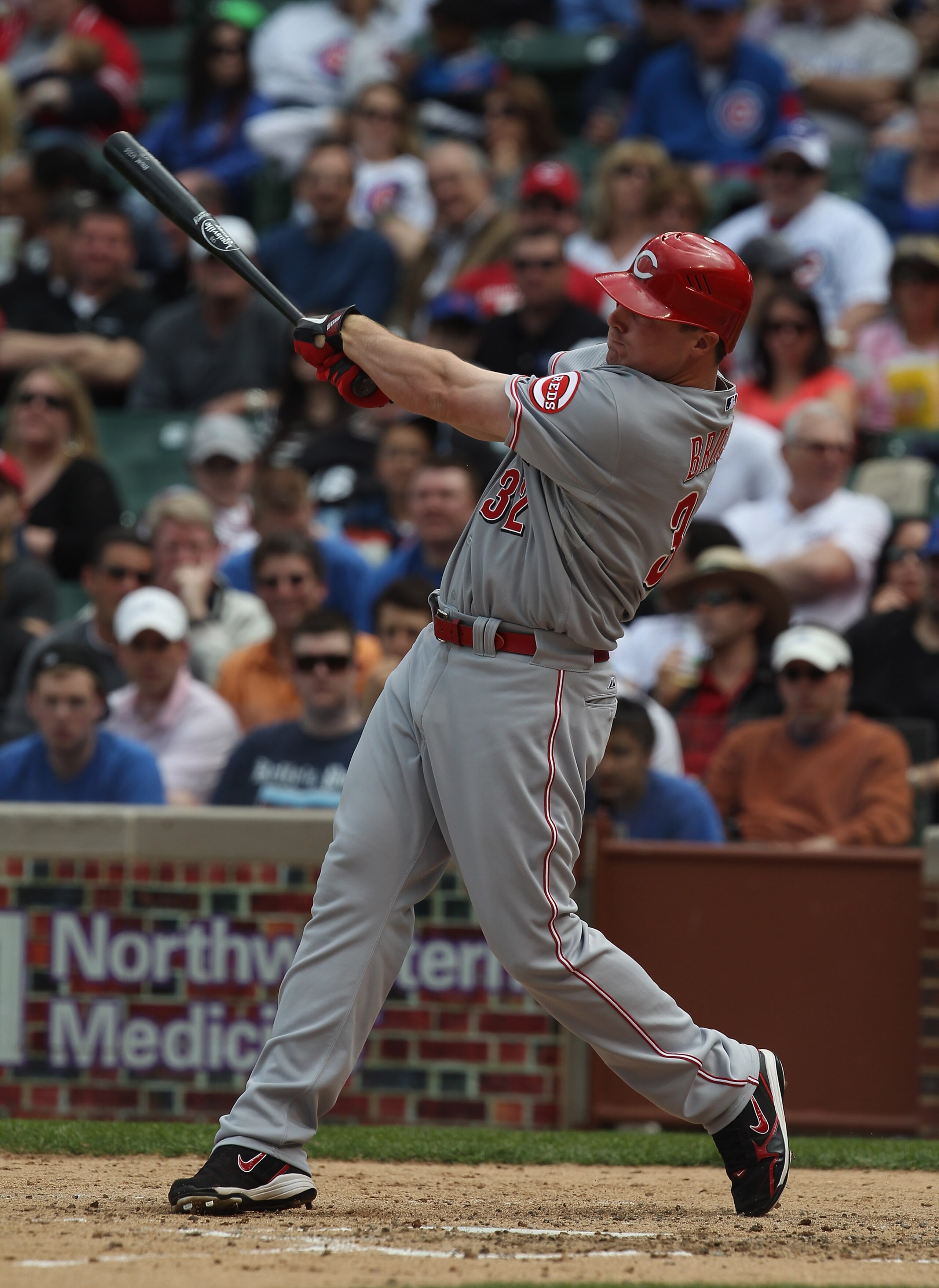 CHICAGO, IL - MAY 06: Jay Bruce #32 of the Cincinnati Reds hits a three-run home run in the 4th inning against The Chicago Cubs at Wrigley Field on May 6, 2011 in Chicago, Illinois. (Photo by Jonathan Daniel/Getty Images) CHICAGO, IL - MAY 06: Jay Bruce #32 of the Cincinnati Reds hits a three-run home run in the 4th inning against The Chicago Cubs at Wrigley Field on May 6, 2011 in Chicago, Illinois. (Photo by Jonathan Daniel/Getty Images)