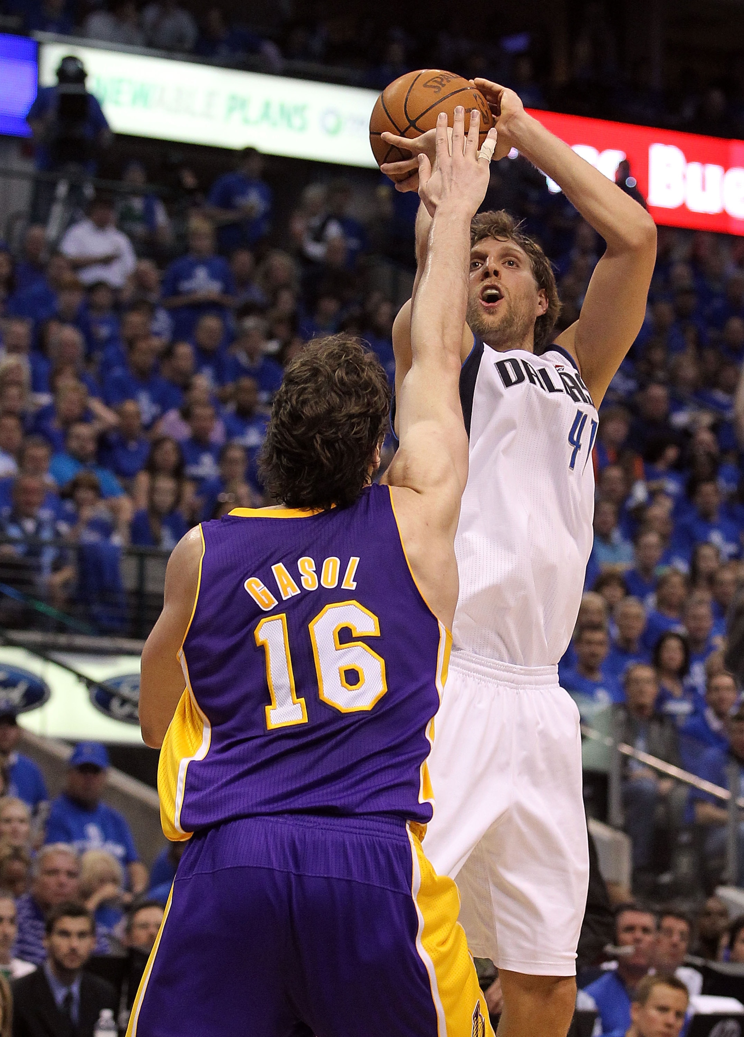 DALLAS, TX - MAY 06:  Forward Dirk Nowitzki #41 of the Dallas Mavericks takes a shot against Pau Gasol #16 of the Los Angeles Lakers in Game Three of the Western Conference Semifinals during the 2011 NBA Playoffs on May 6, 2011 at American Airlines Center