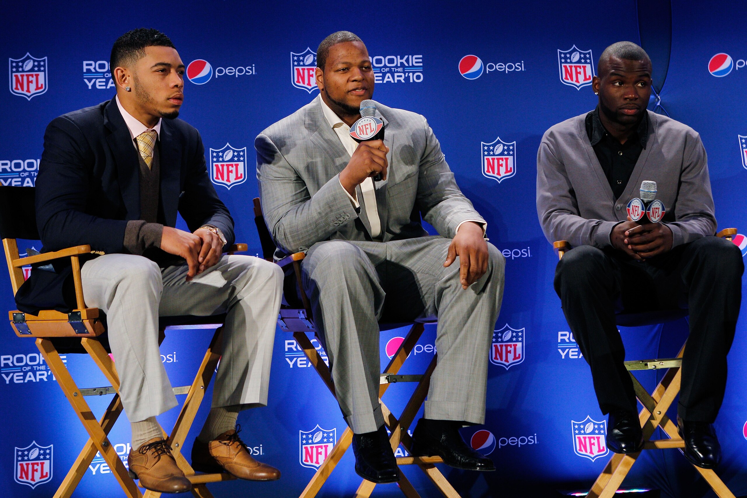 DALLAS, TX - FEBRUARY 03: Ndamukong Suh (C) #90 of the Detroit Lions speaks as Joe Haden (L) #23 of the Cleveland Browns and Mike Williams (R) #19 of the Tampa Bay Buccaneers look on during a press conference where Suh accepted Pepsi's 2010 NFL Rookie of DALLAS, TX - FEBRUARY 03: Ndamukong Suh (C) #90 of the Detroit Lions speaks as Joe Haden (L) #23 of the Cleveland Browns and Mike Williams (R) #19 of the Tampa Bay Buccaneers look on during a press conference where Suh accepted Pepsi's 2010 NFL Rookie of