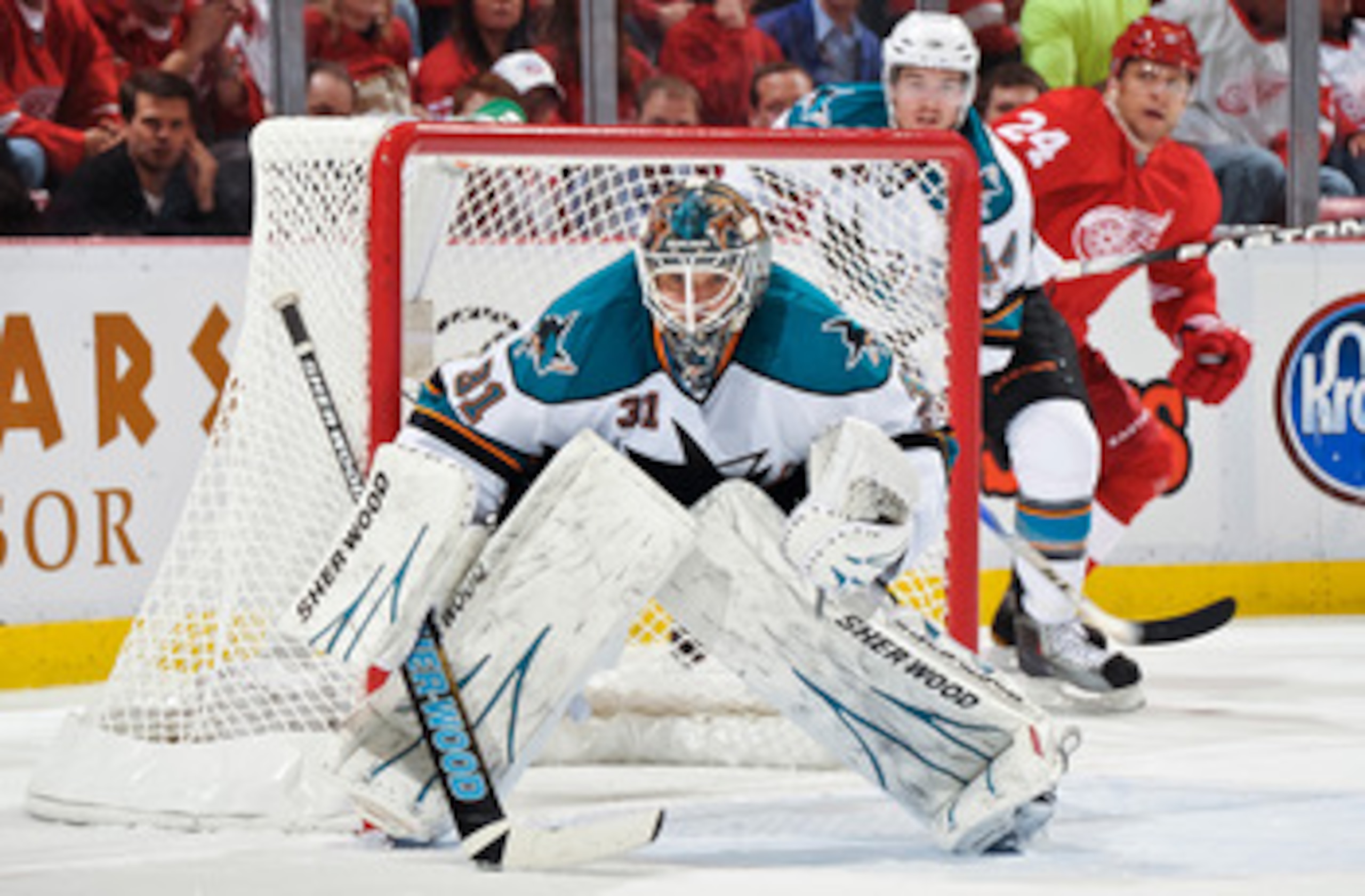 DETROIT - MAY 4: Goaltender Antti Niemi #31 of the San Jose Sharks guards the net against the Detroit Red Wings in Game Three of the Western Conference Semifinals during the 2011 NHL Stanley Cup Playoffs on May 4, 2011 at Joe Louis Arena in Detroit, Michi DETROIT - MAY 4: Goaltender Antti Niemi #31 of the San Jose Sharks guards the net against the Detroit Red Wings in Game Three of the Western Conference Semifinals during the 2011 NHL Stanley Cup Playoffs on May 4, 2011 at Joe Louis Arena in Detroit, Michi