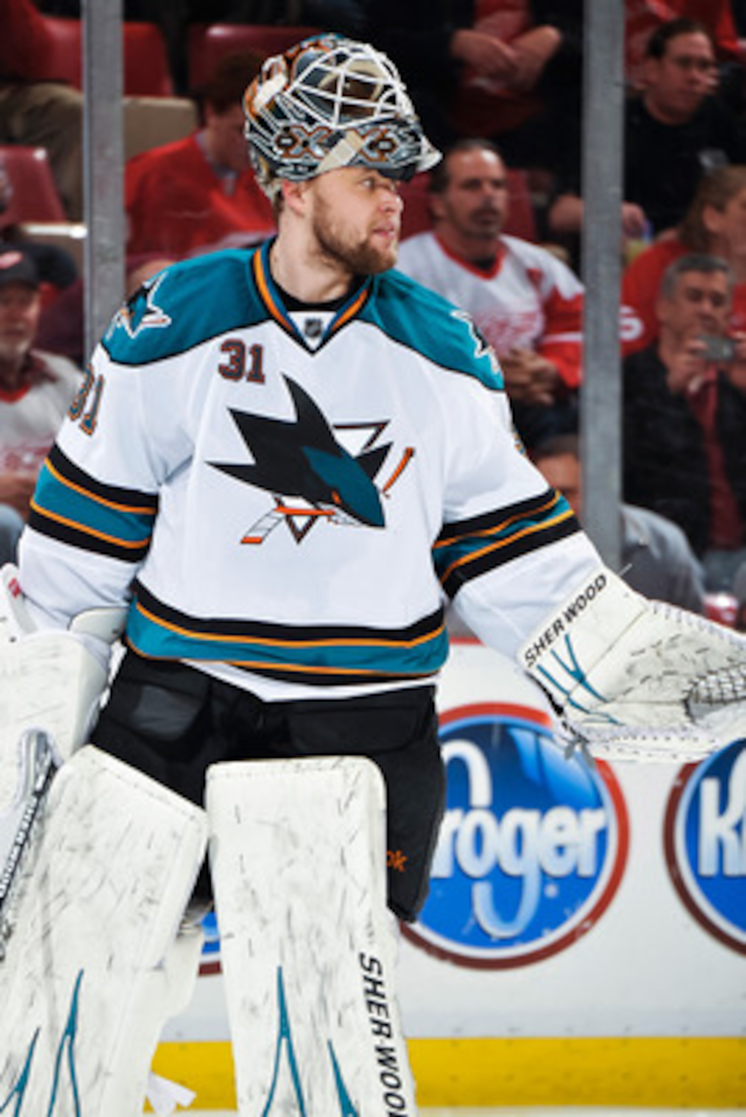 DETROIT - MAY 4: Goaltender Antti Niemi #31 of the San Jose Sharks takes a breather against the Detroit Red Wings in Game Three of the Western Conference Semifinals during the 2011 NHL Stanley Cup Playoffs on May 4, 2011 at Joe Louis Arena in Detroit, Mic DETROIT - MAY 4: Goaltender Antti Niemi #31 of the San Jose Sharks takes a breather against the Detroit Red Wings in Game Three of the Western Conference Semifinals during the 2011 NHL Stanley Cup Playoffs on May 4, 2011 at Joe Louis Arena in Detroit, Mic