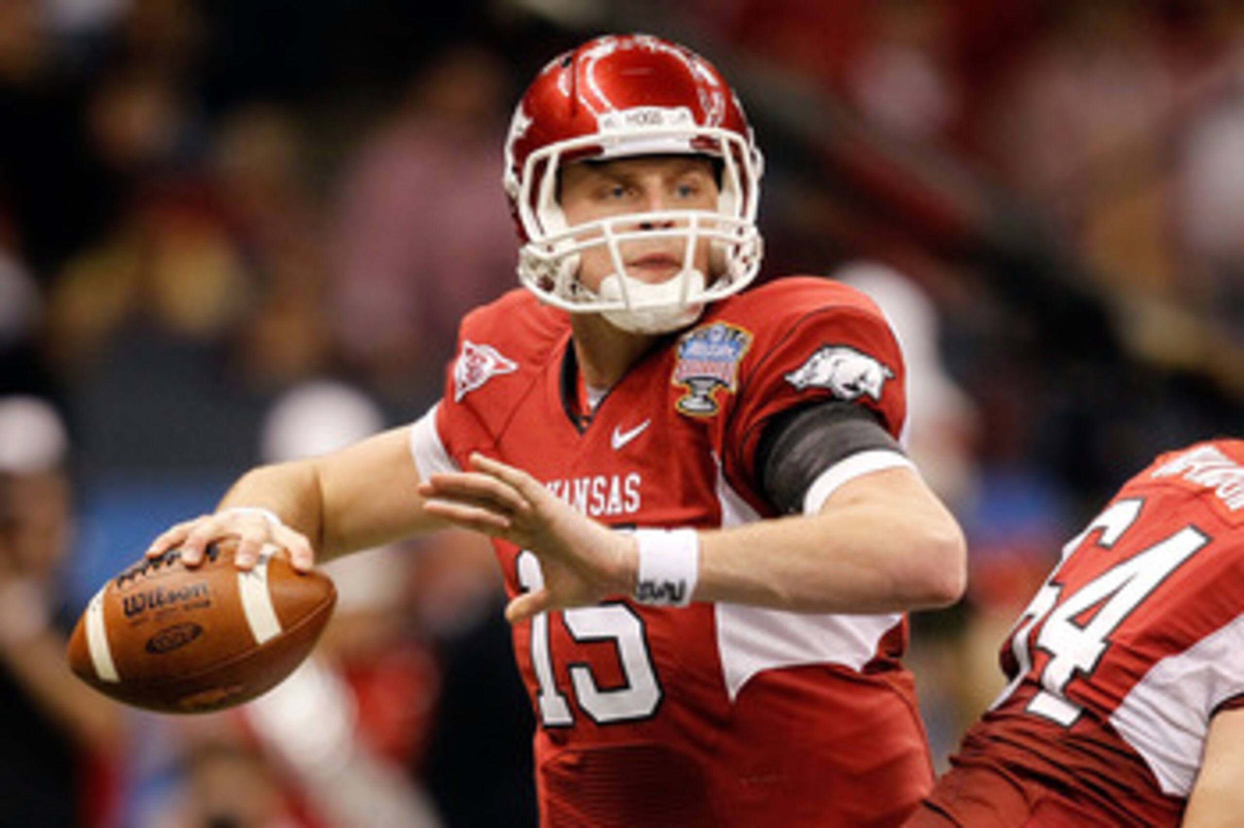 NEW ORLEANS, LA - JANUARY 04: Quarterback Ryan Mallett #15 of the Arkansas Razorbacks looks to pass against the Ohio State Buckeyes during the Allstate Sugar Bowl at the Louisiana Superdome on January 4, 2011 in New Orleans, Louisiana. (Photo by Matthew NEW ORLEANS, LA - JANUARY 04: Quarterback Ryan Mallett #15 of the Arkansas Razorbacks looks to pass against the Ohio State Buckeyes during the Allstate Sugar Bowl at the Louisiana Superdome on January 4, 2011 in New Orleans, Louisiana. (Photo by Matthew