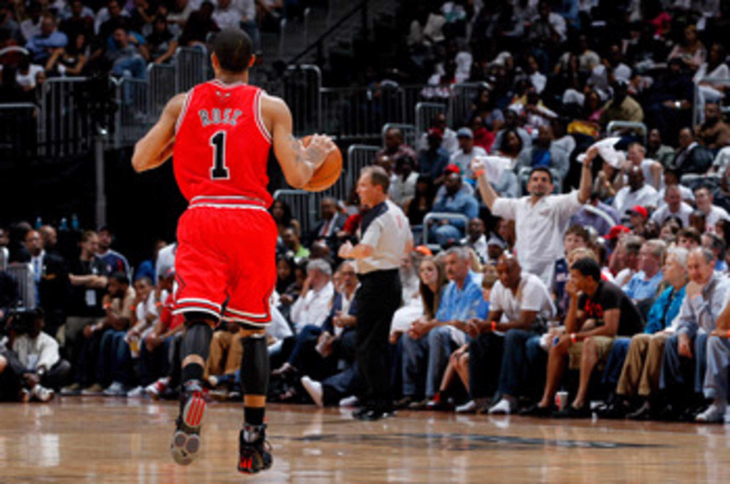 ATLANTA, GA - MAY 06:  Derrick Rose #1 of the Chicago Bulls runs the ball up the court against the Atlanta Hawks in Game Three of the Eastern Conference Semifinals in the 2011 NBA Playoffs at Phillips Arena on May 6, 2011 in Atlanta, Georgia.  NOTE TO USE
