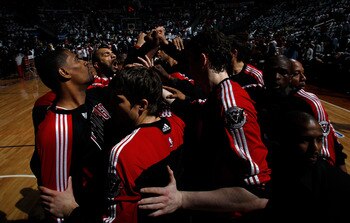 ATLANTA, GA - MAY 06:  The Chicago Bulls huddle before facing the Atlanta Hawks in Game Three of the Eastern Conference Semifinals in the 2011 NBA Playoffs at Phillips Arena on May 6, 2011 in Atlanta, Georgia.  NOTE TO USER: User expressly acknowledges an
