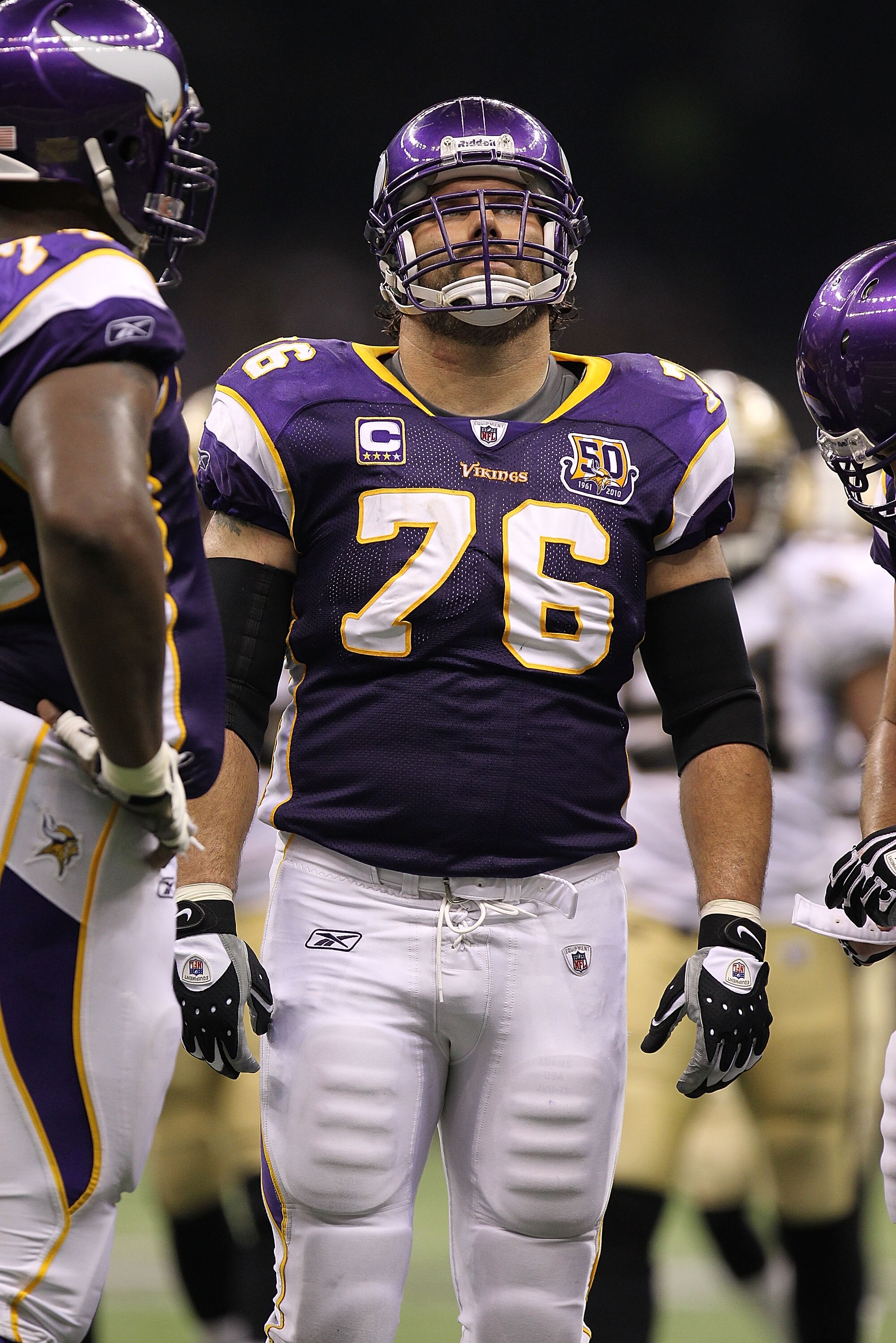 NEW ORLEANS - SEPTEMBER 09:  Steve Hutchinson #76 of the Minnesota Vikings at Louisiana Superdome on September 9, 2010 in New Orleans, Louisiana.  (Photo by Ronald Martinez/Getty Images)