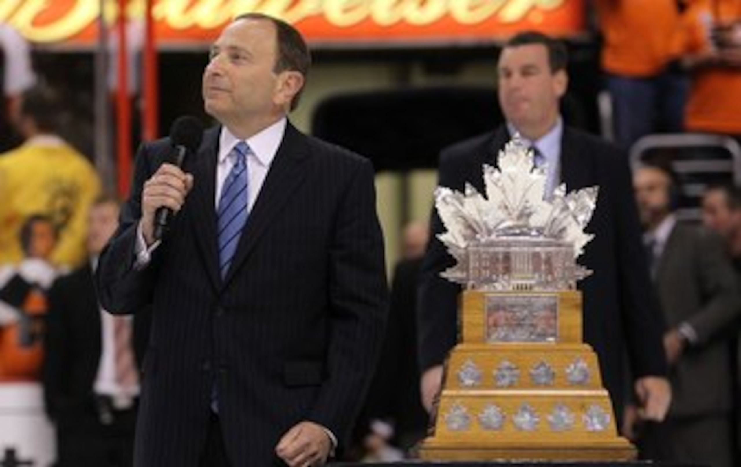 PHILADELPHIA - JUNE 09:  NHL Commissioner Gary Bettman presents the Conn Smythe Trophy to Jonathan Toews #19 of the Chicago Blackhawks after the Blackhawks defeated the Philadelphia Flyers 4-3 in overtime to win the Stanley Cup in Game Six of the 2010 NHL