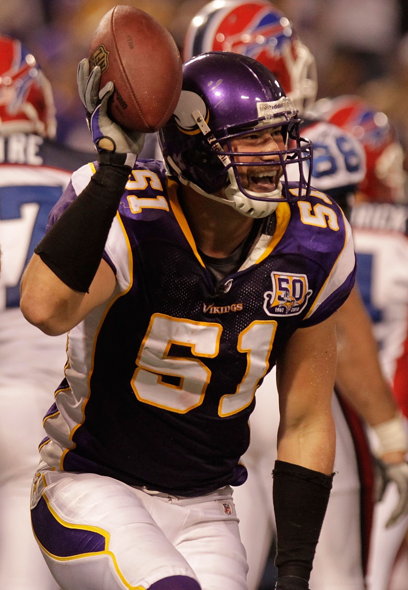 MINNEAPOLIS, MN - DECEMBER 05: Ben Leber #51 of the Minnesota Vikings celebrates after a fourth quarter fumble recovery against the Buffalo Bills at the Mall of America Field at the Hubert H. Humphrey Metrodome on December 5, 2010 in Minneapolis, Minnesot