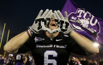 PASADENA, CA - JANUARY 01:  Wide receiver Bart Johnson #6 of the TCU Horned Frogs celebrates after defeating the Wisconsin Badgers 21-19 in the 97th Rose Bowl game on January 1, 2011 in Pasadena, California.  (Photo by Jeff Gross/Getty Images)