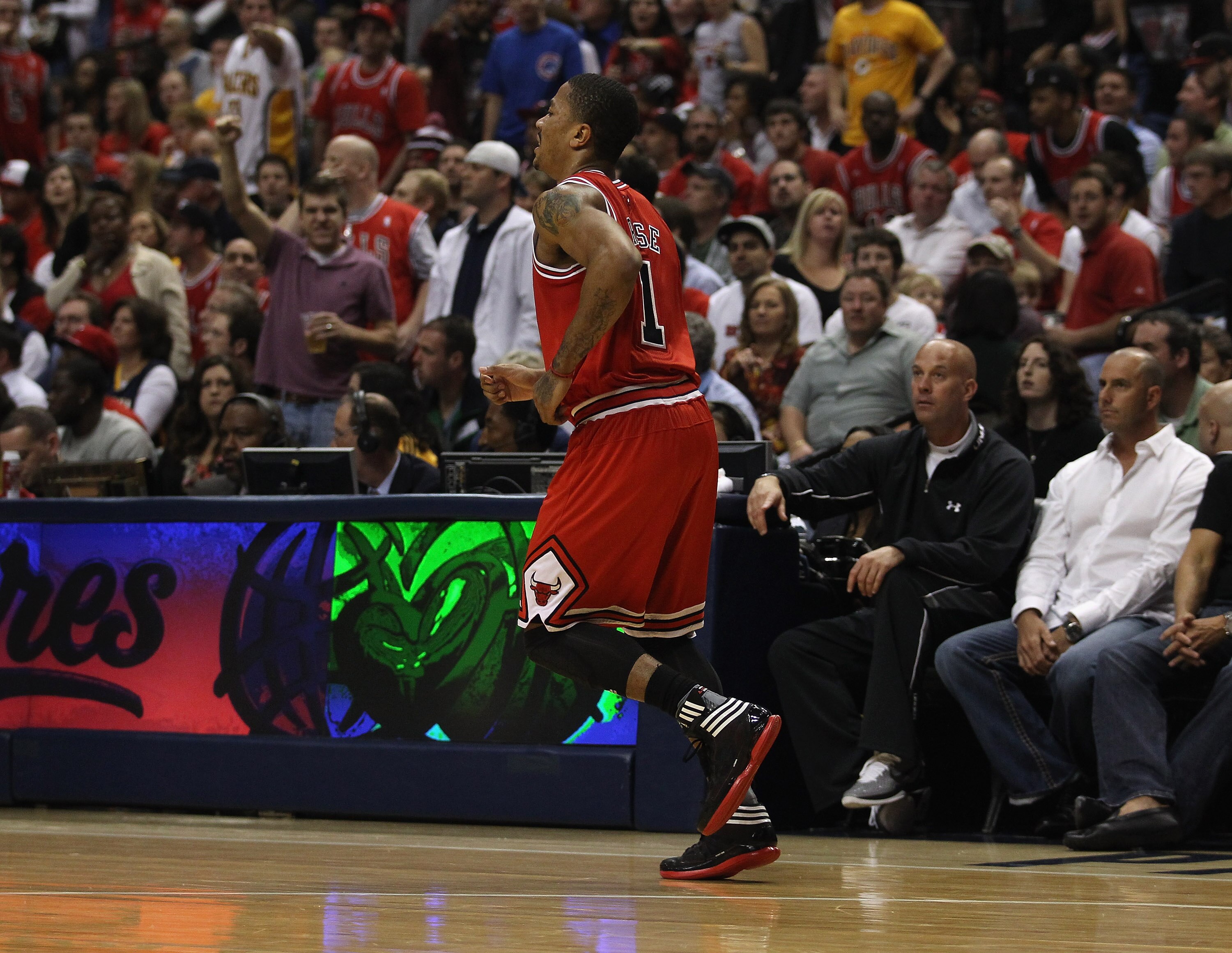 INDIANAPOLIS, IN - APRIL 23: Derrick Rose #1 of the Chicago Bulls limps down the court after injuring his ankle against the Indiana Pacers in Game Four of the Eastern Conference Quarterfinals in the 2011 NBA Playoffs at Conseco Fieldhouse on April 23, 201