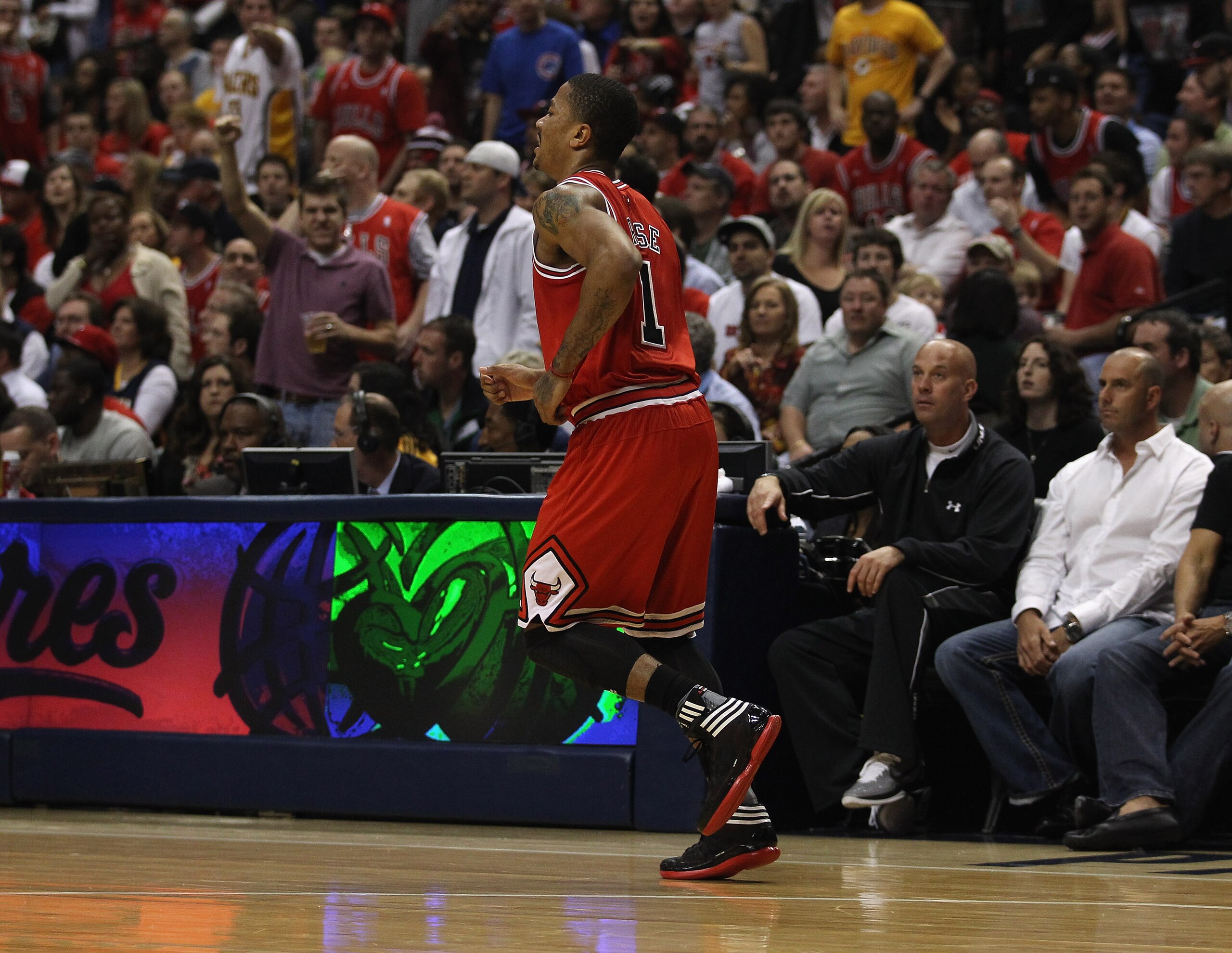 INDIANAPOLIS, IN - APRIL 23: Derrick Rose #1 of the Chicago Bulls limps down the court after injuring his ankle against the Indiana Pacers in Game Four of the Eastern Conference Quarterfinals in the 2011 NBA Playoffs at Conseco Fieldhouse on April 23, 201 INDIANAPOLIS, IN - APRIL 23: Derrick Rose #1 of the Chicago Bulls limps down the court after injuring his ankle against the Indiana Pacers in Game Four of the Eastern Conference Quarterfinals in the 2011 NBA Playoffs at Conseco Fieldhouse on April 23, 201