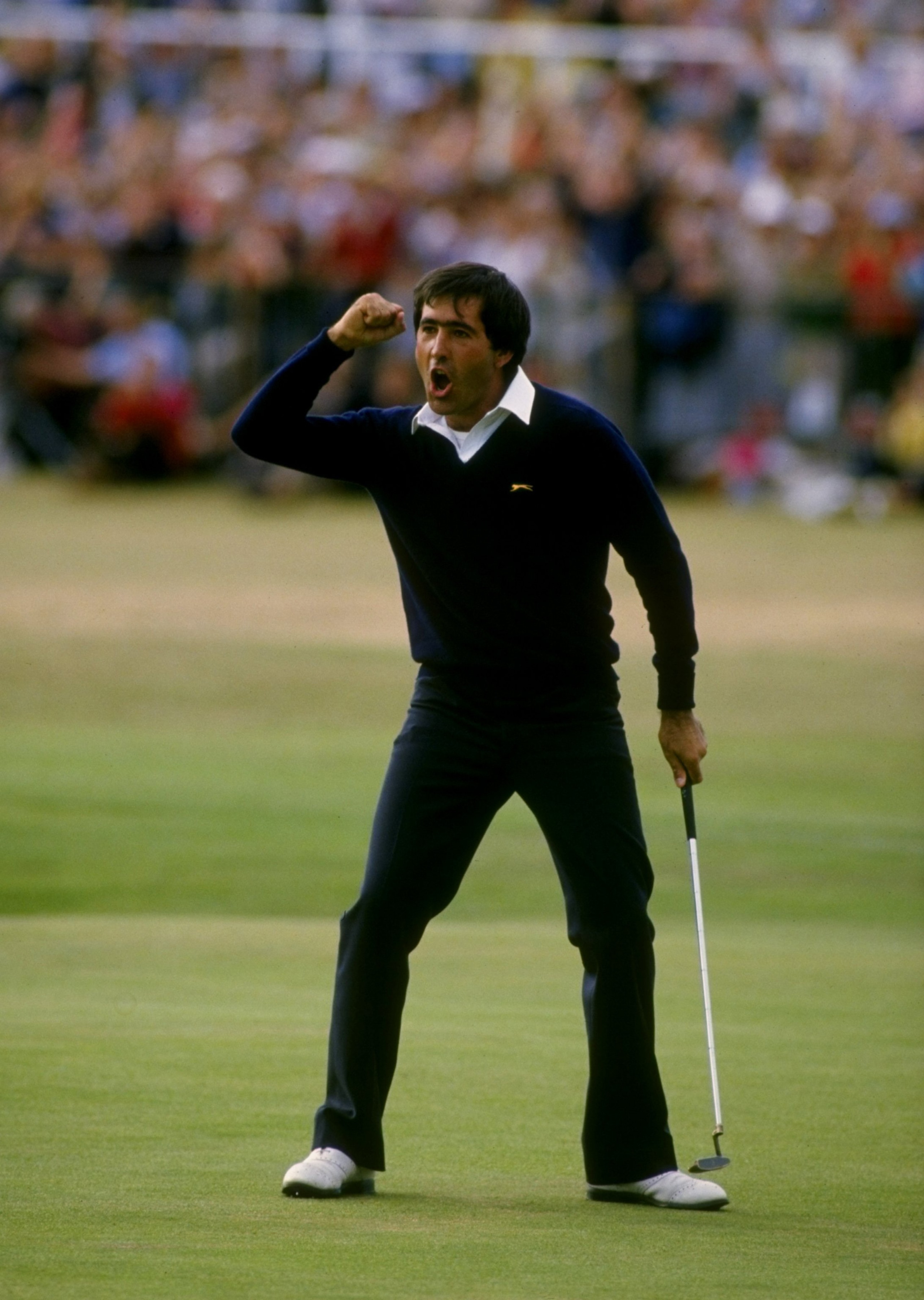 Jul 1984:  Seve Ballesteros of Spain holes out on the final green to win the British Open at St Andrews in Scotland.  \ Mandatory Credit: David Cannon /Allsport