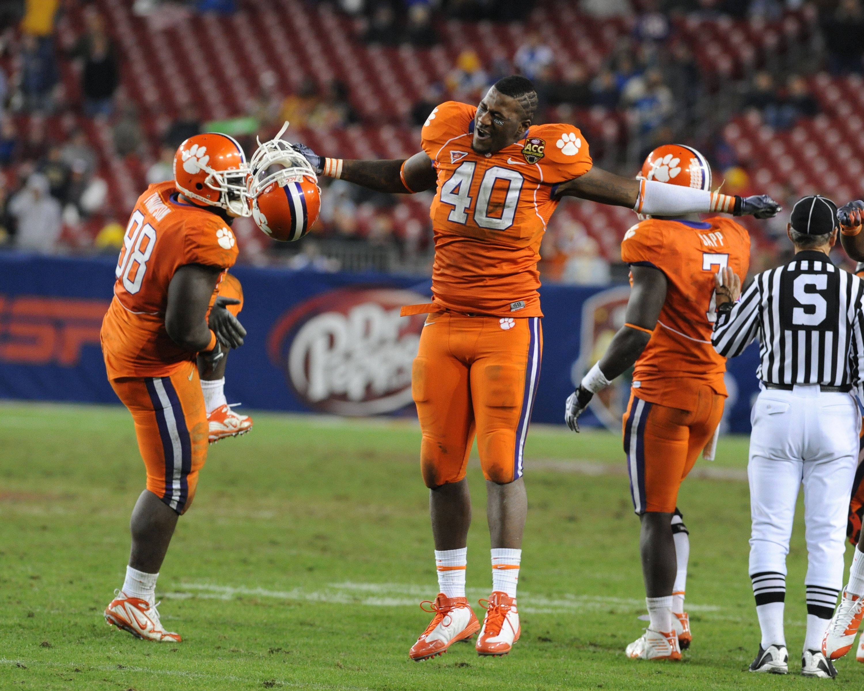 TAMPA, FL - NOVEMBER 28: Defensive end Andre Branch #40 of the Clemson Tigers celebrates a sack against the Georgia Tech Yellow Jackets in the 2009 ACC Football Championship Game December 5, 2009 at Raymond James Stadium in Tampa, Florida. (Photo by Al TAMPA, FL - NOVEMBER 28: Defensive end Andre Branch #40 of the Clemson Tigers celebrates a sack against the Georgia Tech Yellow Jackets in the 2009 ACC Football Championship Game December 5, 2009 at Raymond James Stadium in Tampa, Florida. (Photo by Al