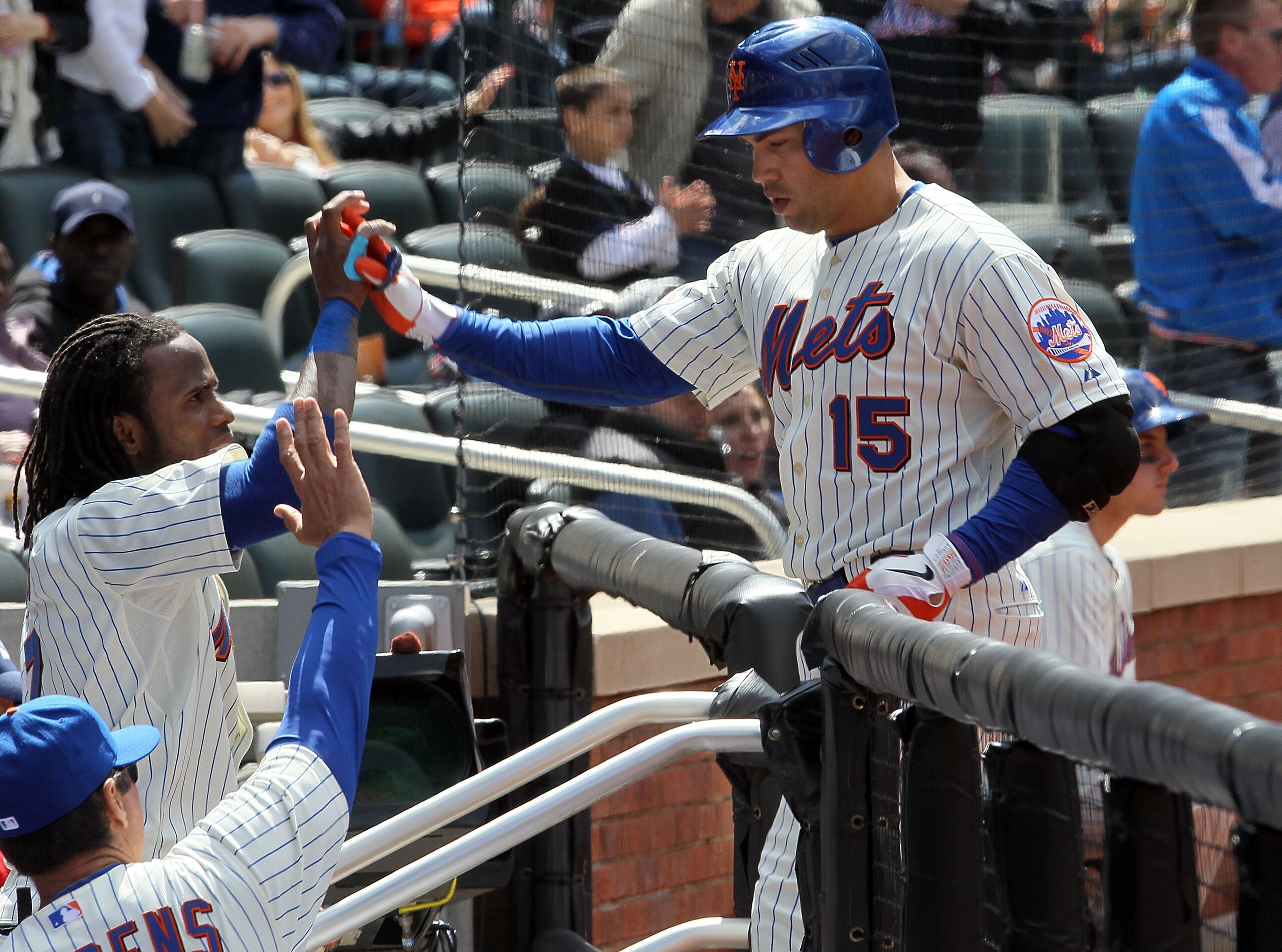NEW YORK, NY - MAY 05:  Carlos Beltran #15 of the New York Mets celebrates his fifth inning two run home run against the San Francisco Giants with teammate Jose Reyes #7 on May 5, 2011 at Citi Field in the Flushing neighborhood of the Queens borough of Ne