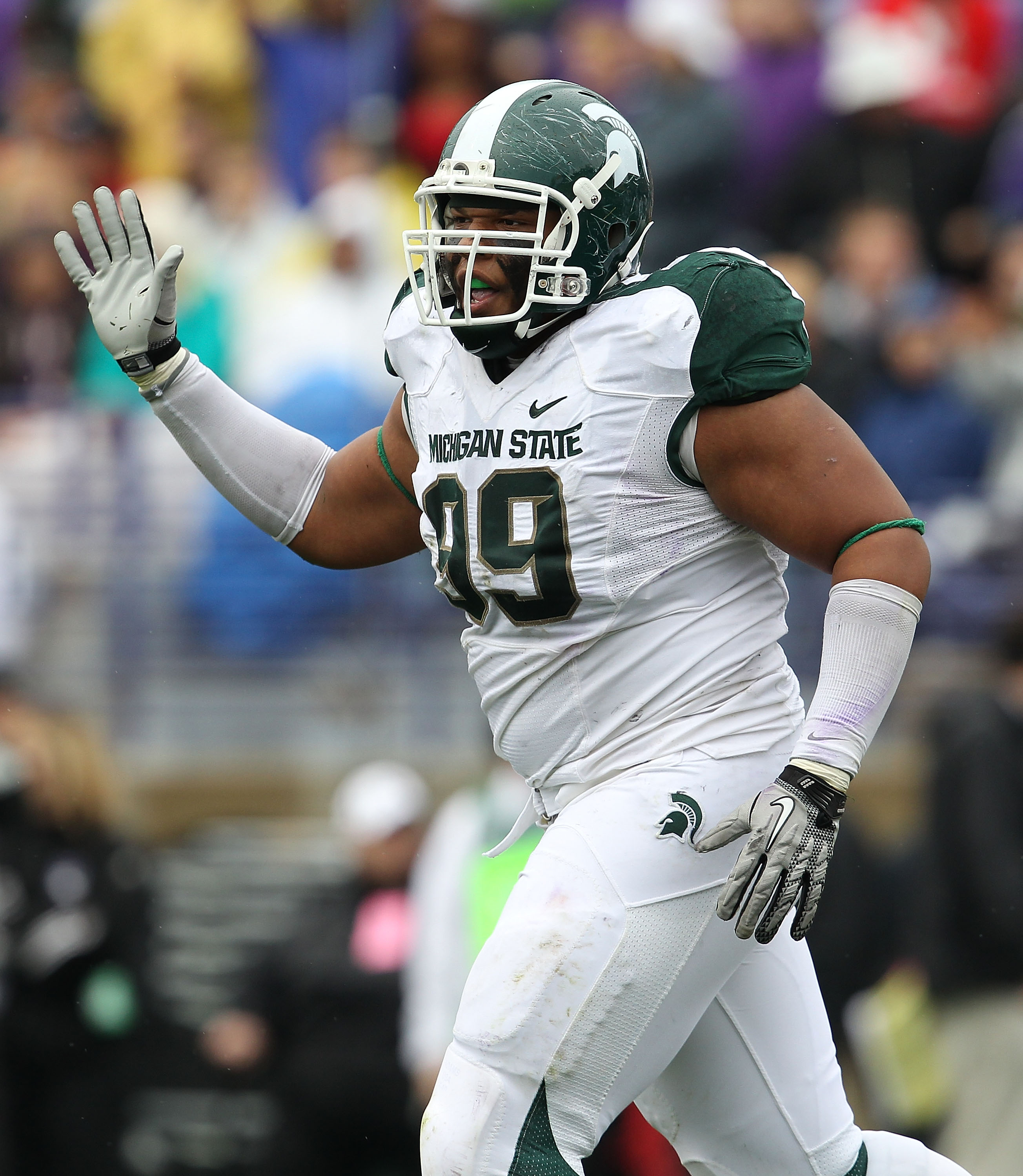 EVANSTON, IL - OCTOBER 23: Jerel Worthy #99 of the Michigan State Spartans celebrates a defensive play against the Northwestern Wildcats at Ryan Field on October 23, 2010 in Evanston, Illinois. Michigan State defeated Northwestern 35-27. (Photo by Jonatha