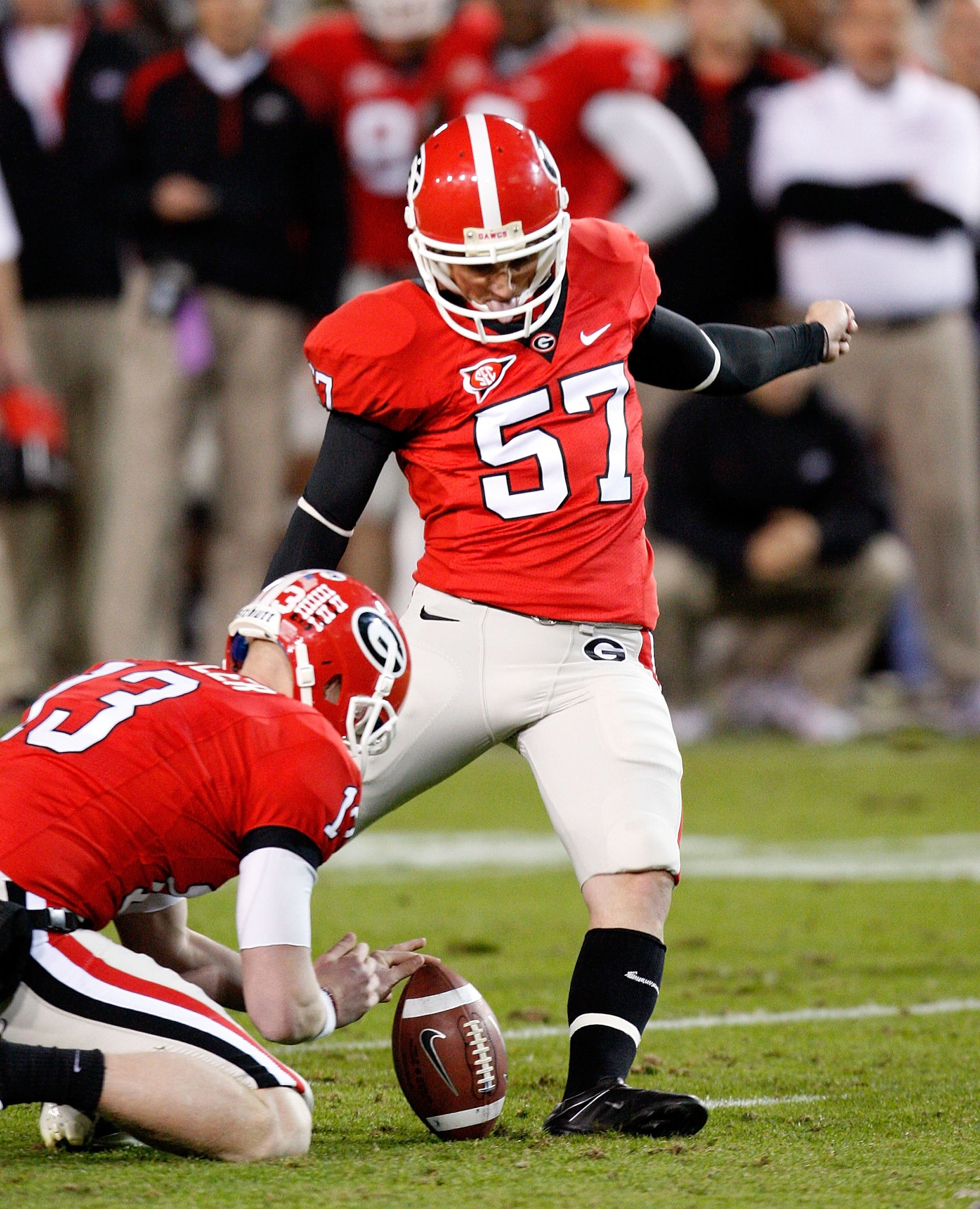 ATLANTA - NOVEMBER 28:  Blair Walsh #57 of the Georgia Bulldogs against the Georgia Tech Yellow Jackets at Bobby Dodd Stadium on November 28, 2009 in Atlanta, Georgia.  (Photo by Kevin C. Cox/Getty Images)