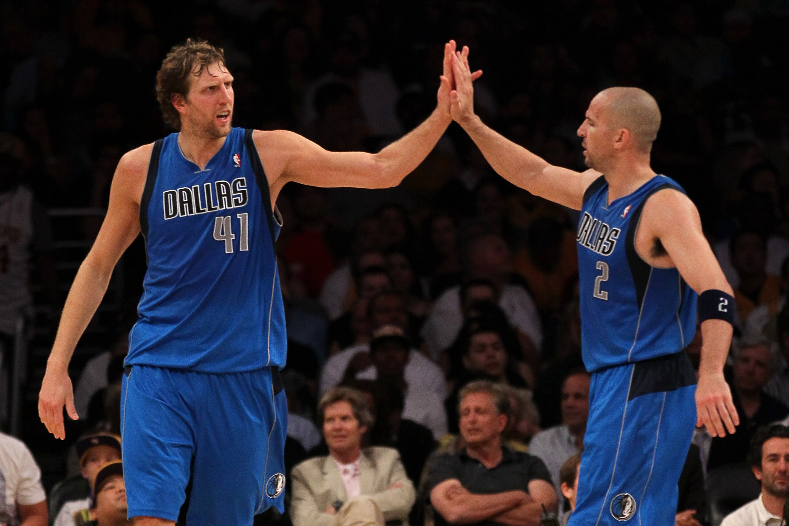 LOS ANGELES, CA - MAY 04:  Dirk Nowitzki #41 and Jason Kidd #2 of the Dallas Mavericks celebrate late in the fourth quarter while taking on the Los Angeles Lakers in Game Two of the Western Conference Semifinals in the 2011 NBA Playoffs at Staples Center 