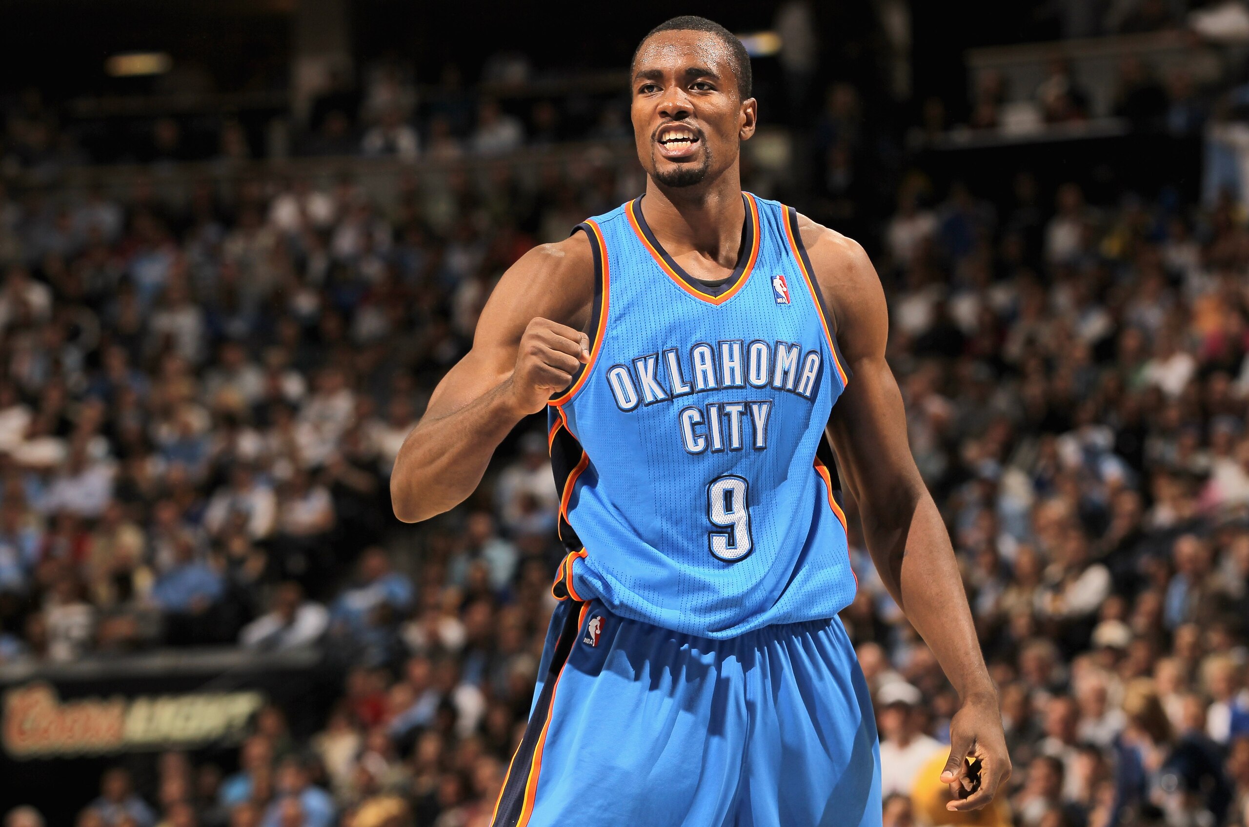 DENVER, CO - APRIL 23:  Serge Ibaka #9 of the Oklahoma City Thunder celebrates a play against the Denver Nuggets in Game Three of the Western Conference Quarterfinals in the 2011 NBA Playoffs on April 23, 2011 at the Pepsi Center in Denver, Colorado.  The