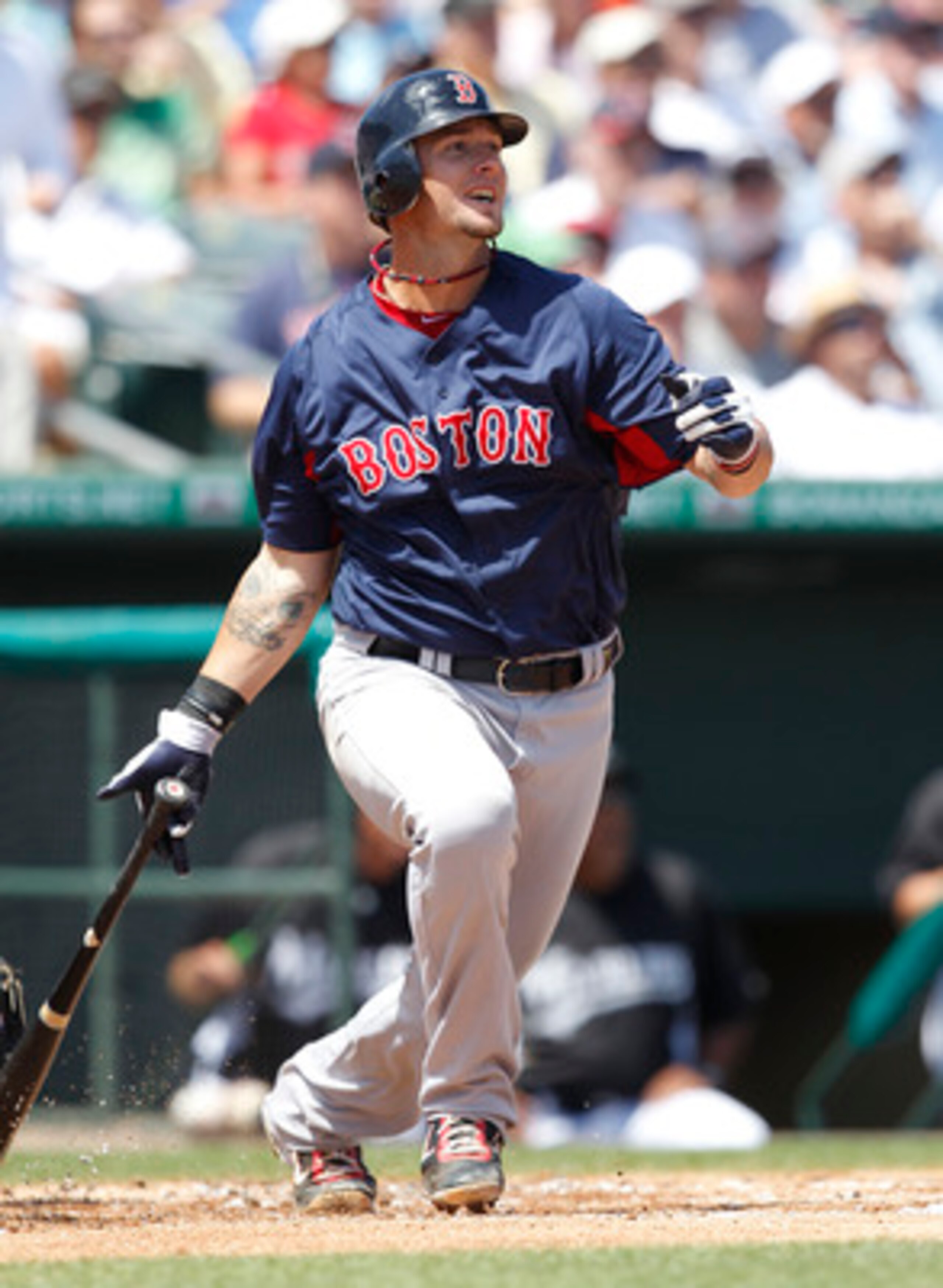 JUPITER, FL - MARCH 24: Jarrod Saltalamacchia #39 of the Boston Red Sox hits a home run against the Florida Marlins in the second inning at Roger Dean Stadium on March 24, 2011 in Jupiter, Florida. (Photo by Joel Auerbach/Getty Images)