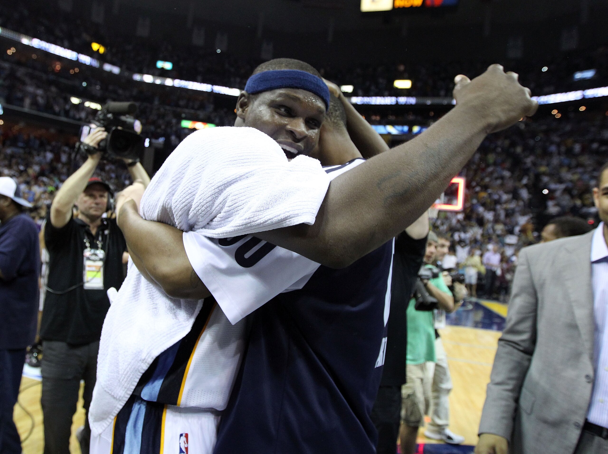 MEMPHIS, TN - APRIL 29:  Zach Randolph #50 of the Memphis Grizzlies celebrates after the Grizzlies beat the San Antonio Spurs 99-91 in Game Six of the Western Conference Quarterfinals in the 2011 NBA Playoffs at FedExForum on April 29, 2011 in Memphis, Te