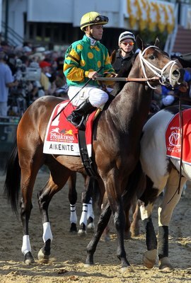 BALTIMORE - MAY 15:  Javier Castellano, upon Aikenite, looks on prior to the start of the 135th running of the Preakness Stakes at Pimlico Race Course on May 15, 2010 in Baltimore, Maryland.  (Photo by Jim McIsaac/Getty Images)