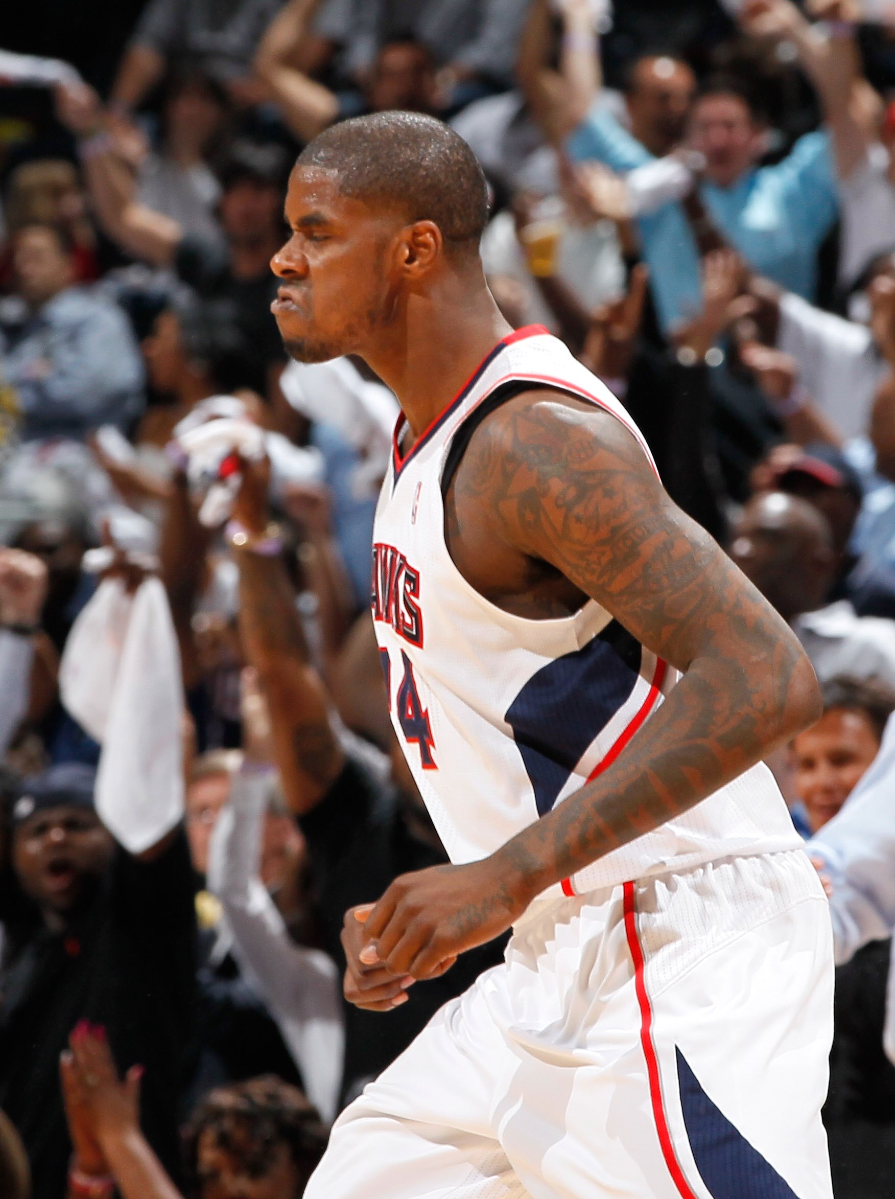 ATLANTA, GA - APRIL 28:  Marvin Williams #24 of the Atlanta Hawks reacts after a three-point basket against the Orlando Magic during Game Six of the Eastern Conference Quarterfinals in the 2011 NBA Playoffs at Philips Arena on April 28, 2011 in Atlanta, G