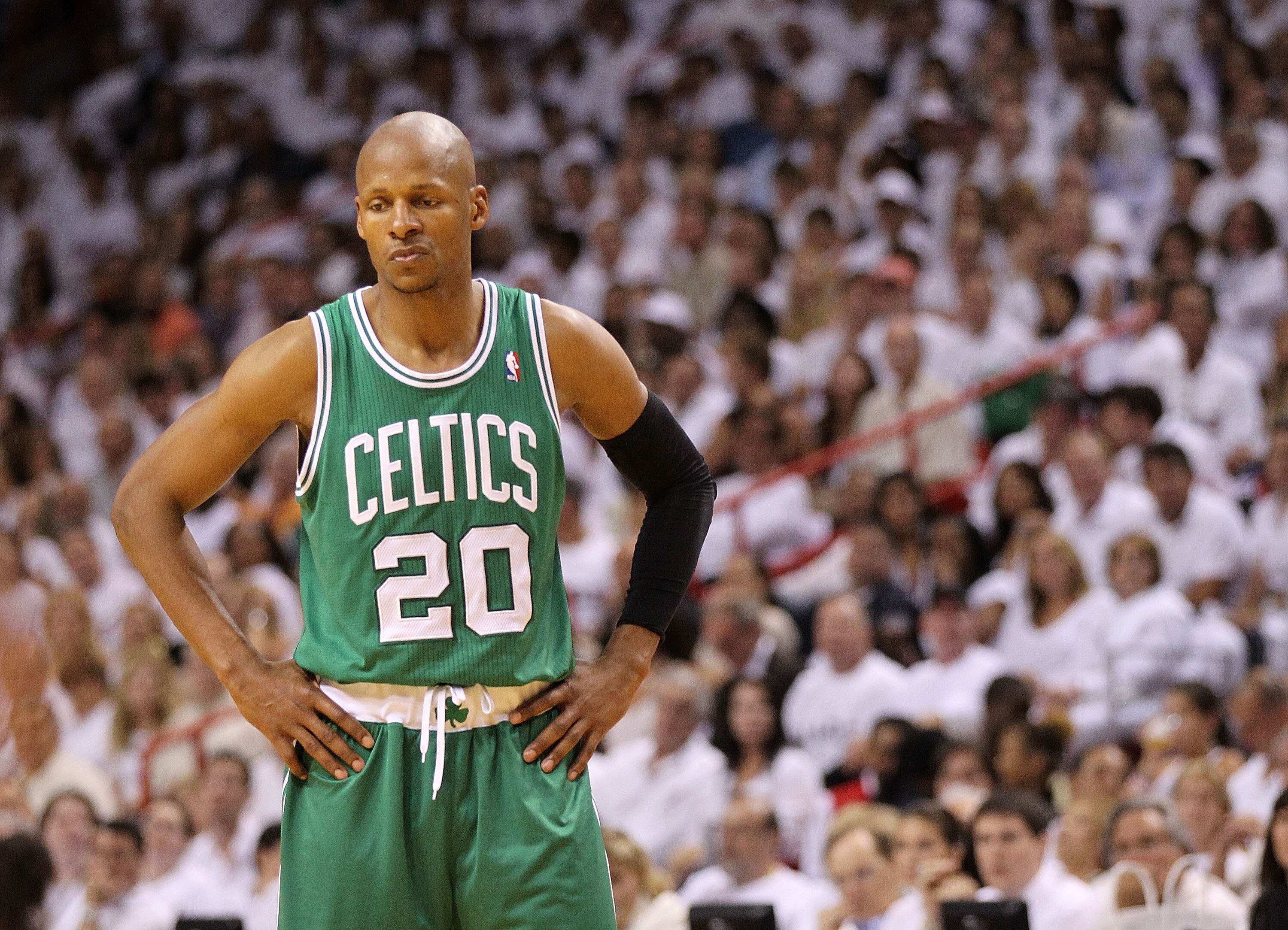 MIAMI, FL - MAY 03:  Ray Allen #20 of the Boston Celtics looks on during Game Two of the Eastern Conference Semifinals of the 2011 NBA Playoffs against the Miami Heat at American Airlines Arena on May 3, 2011 in Miami, Florida. NOTE TO USER: User expressl