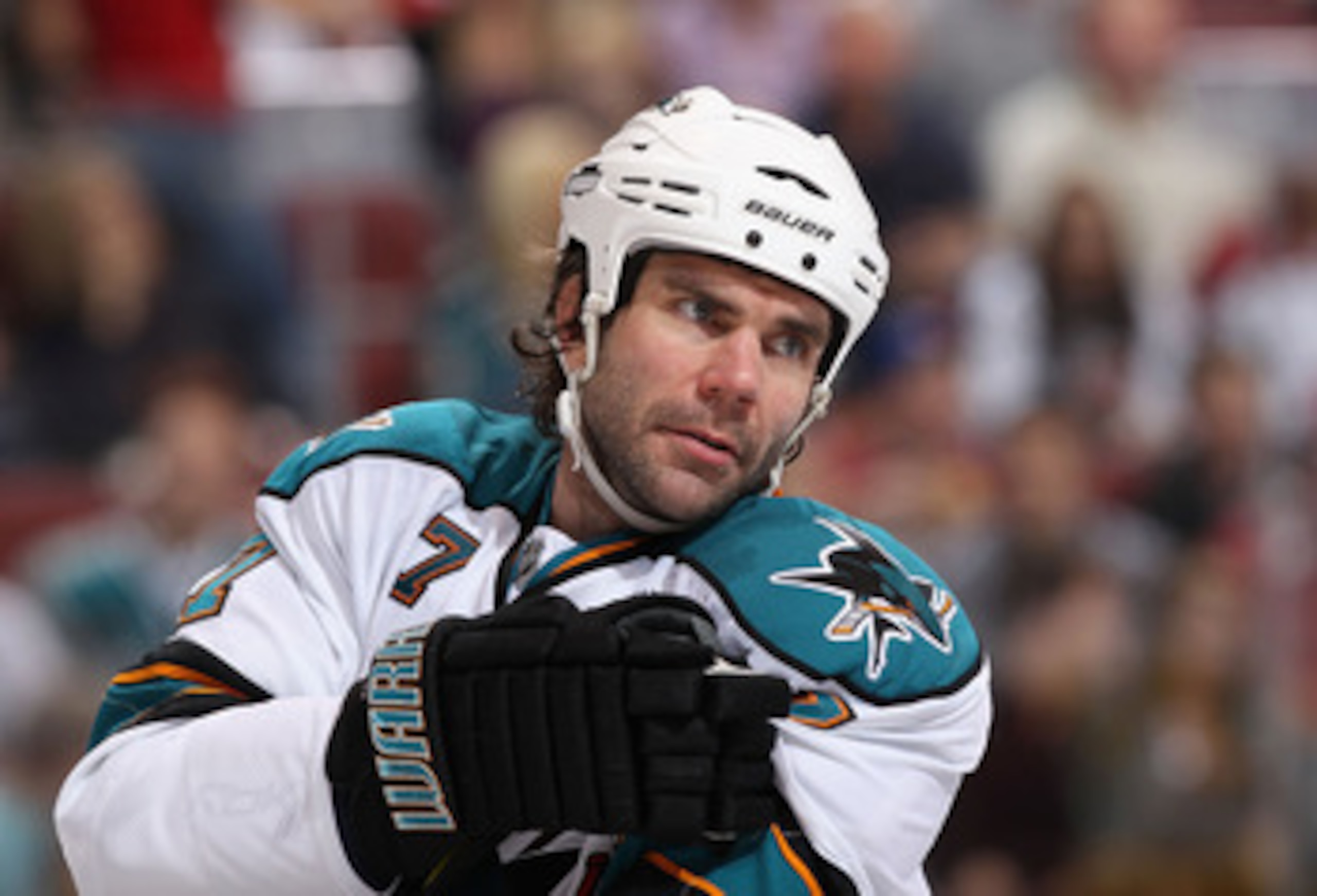 GLENDALE, AZ - MARCH 26:  Niclas Wallin #7 of the San Jose Sharks during the NHL game against the Phoenix Coyotes at Jobing.com Arena on March 26, 2011 in Glendale, Arizona.  The Sharks defeated the Coyotes 4-1.  (Photo by Christian Petersen/Getty Images)