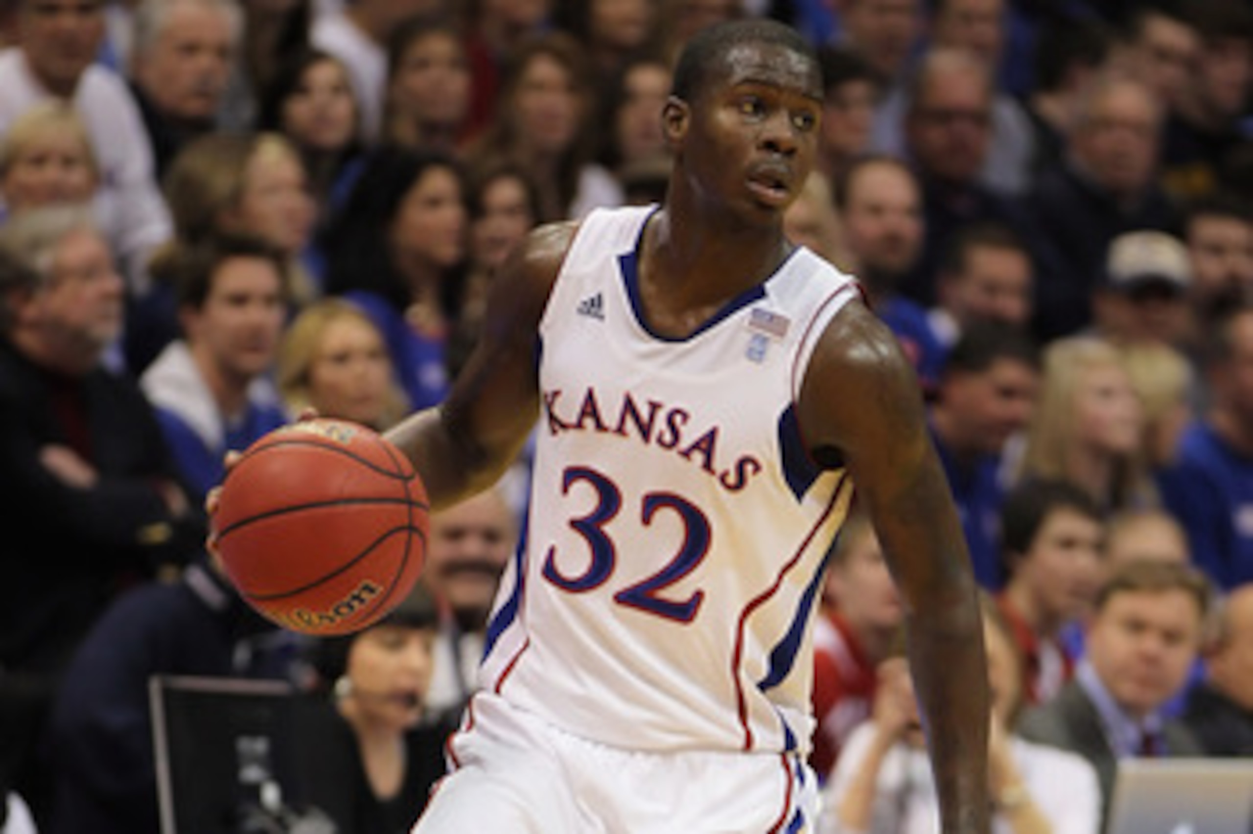 LAWRENCE, KS - DECEMBER 29:  Josh Selby #32 of the Kansas Jayhawks in action during the game against the University of Texas Arlington Mavericks on December 29, 2010 at Allen Fieldhouse in Lawrence, Kansas.  (Photo by Jamie Squire/Getty Images)