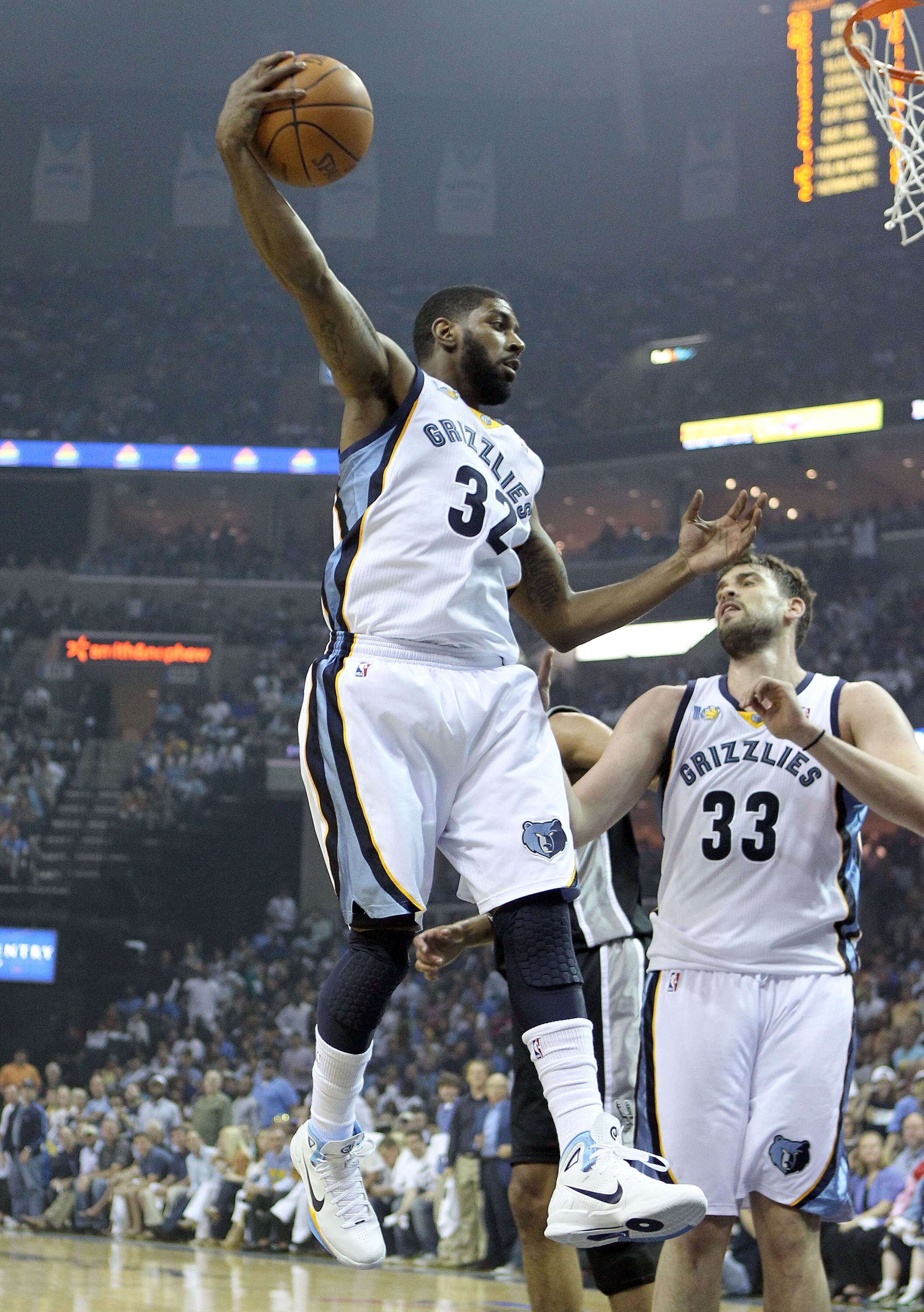 MEMPHIS, TN - APRIL 23:  O.J. Mayo #32 of the  Memphis Grizzles grabs a rebound during the game against the San Antonio Spurs in Game three of the Western Conference Quarterfinals in the 2011 NBA Playoffs at FedExForum on April 23, 2011 in Memphis, Tennes