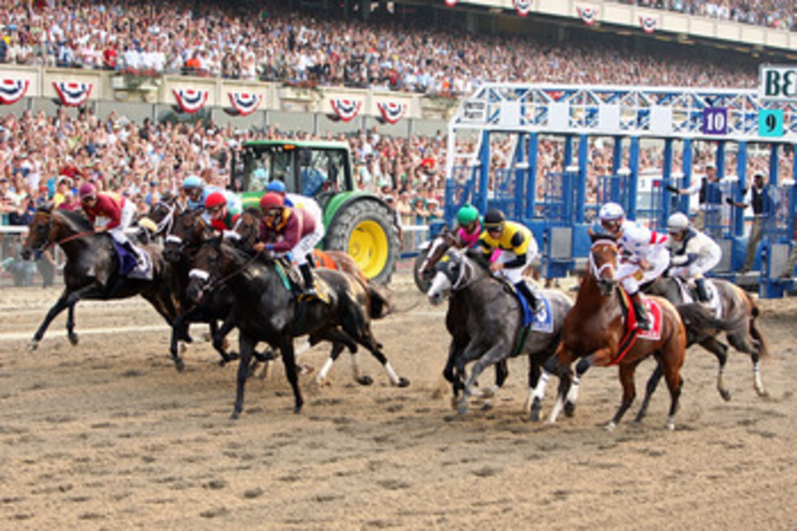 ELMONT, NY - JUNE 07:  Big Brown (R) ridden by jockey Kent Desormeaux and the field come out of the gate to start the 140th running of the Belmont Stakes at Belmont Park on June 7, 2008 in Elmont, New York.  (Photo by Al Bello/Getty Images)