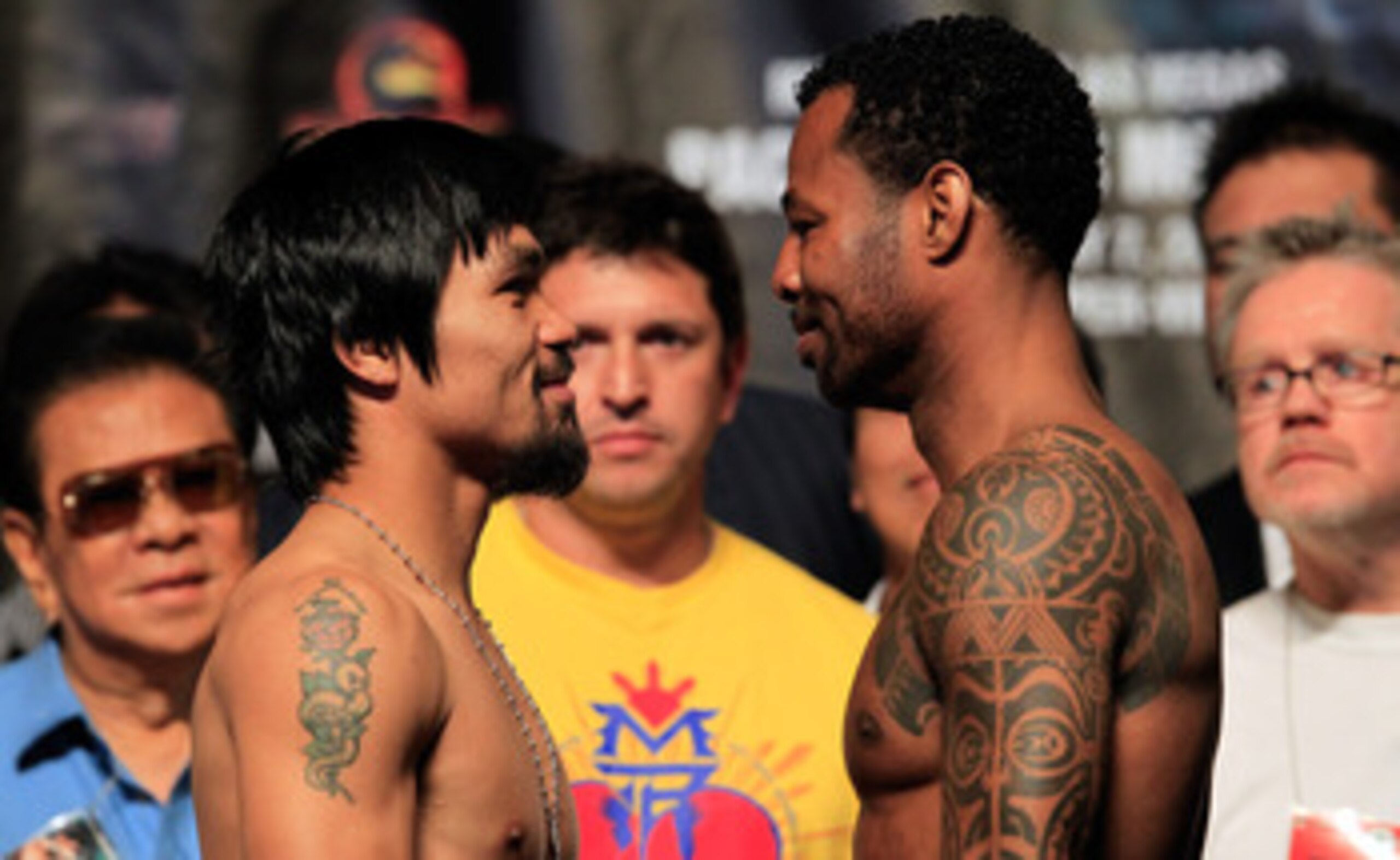 LAS VEGAS, NV - MAY 06: (L-R) Boxers Manny Pacquiao of the Philippines and Shane Mosley pose after the weigh-in for their WBO welterweight title fight at MGM Grand Garden Arena on May 6, 2011 in Las Vegas, Nevada. Pacquiao will defend his WBO welterweigh LAS VEGAS, NV - MAY 06: (L-R) Boxers Manny Pacquiao of the Philippines and Shane Mosley pose after the weigh-in for their WBO welterweight title fight at MGM Grand Garden Arena on May 6, 2011 in Las Vegas, Nevada. Pacquiao will defend his WBO welterweigh