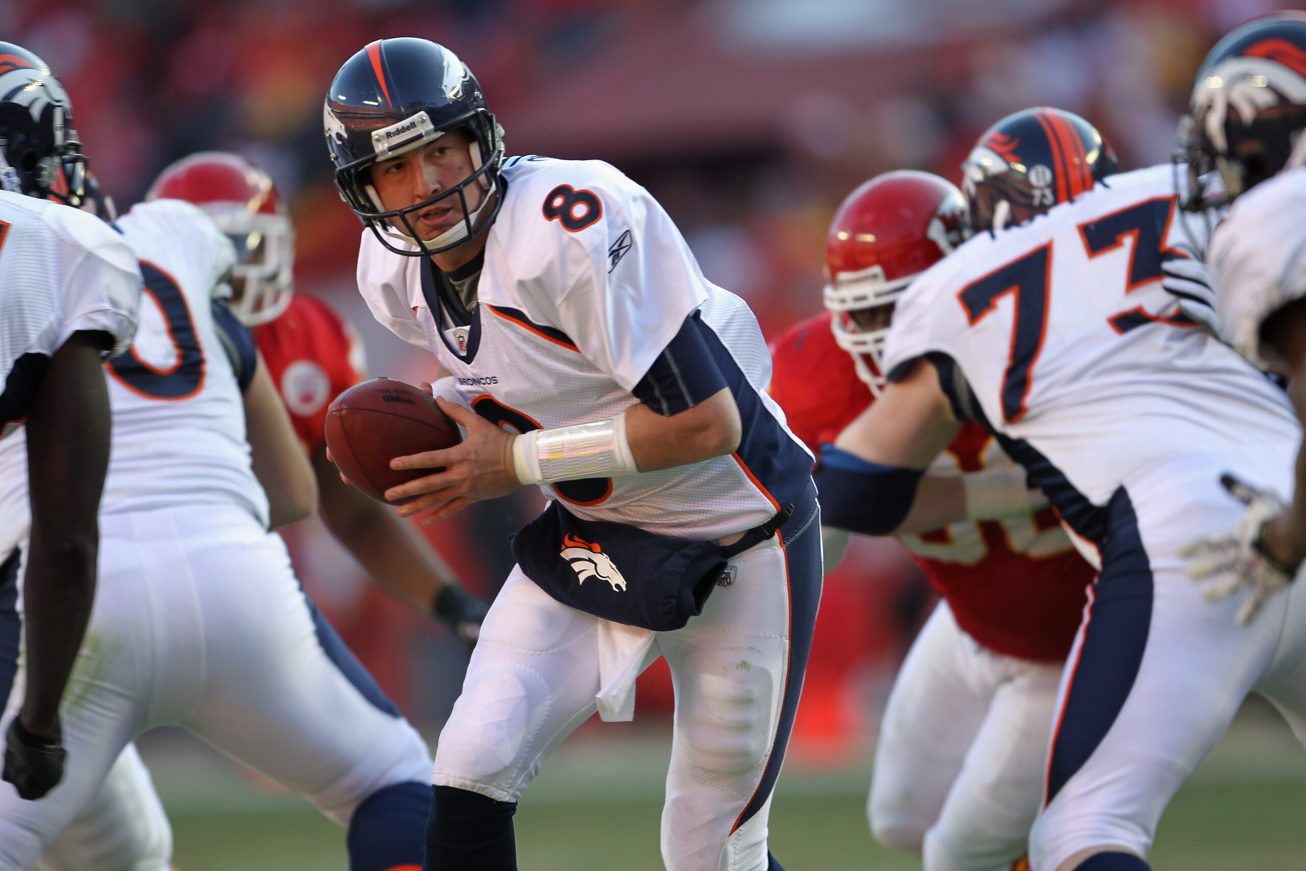KANSAS CITY, MO - DECEMBER 05:  Quarterback Kyle Orton #8 of the Denver Broncos in action during the game against the Kansas City Chiefs on December 5, 2010 at Arrowhead Stadium in Kansas City, Missouri.  (Photo by Jamie Squire/Getty Images)
