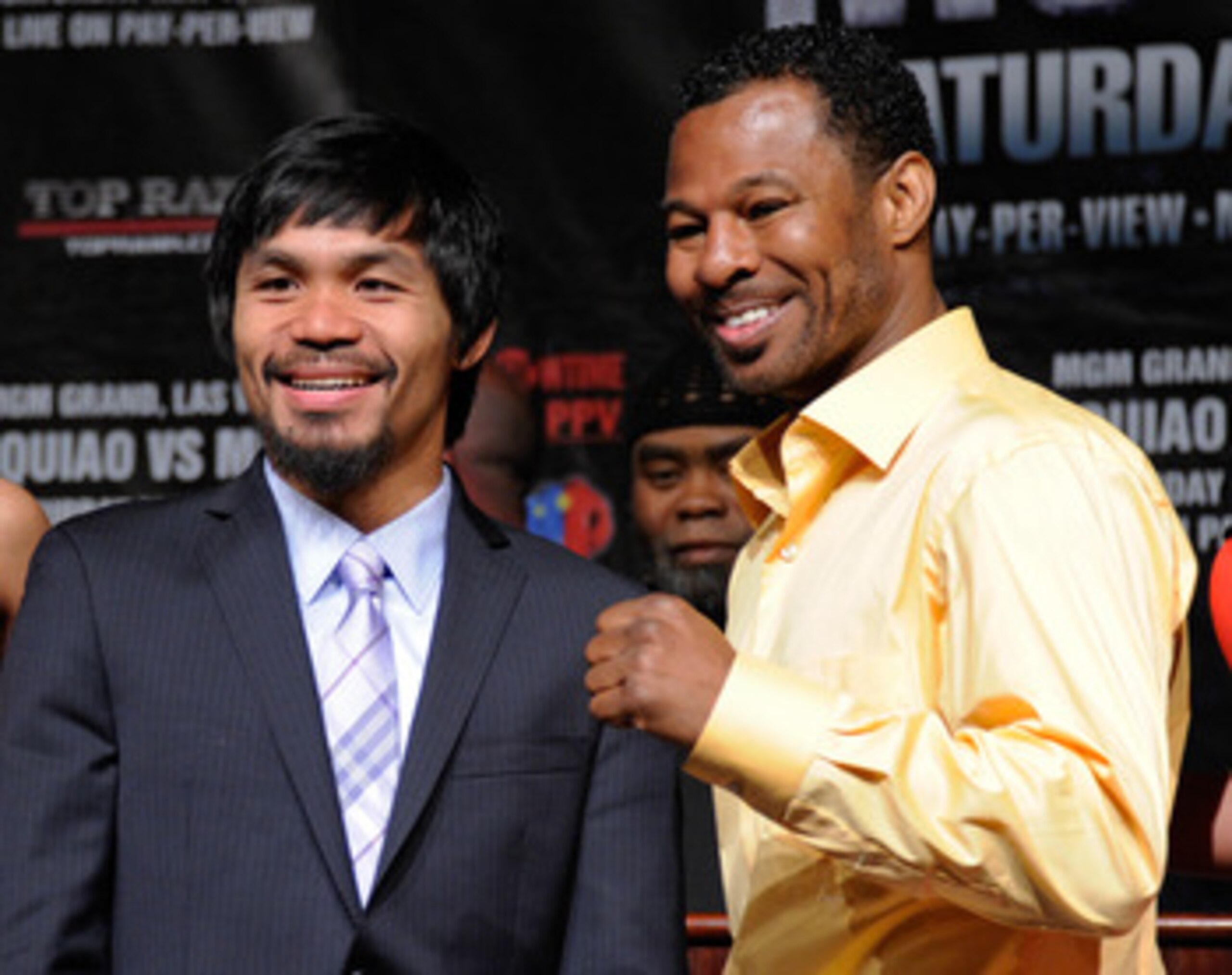 LAS VEGAS, NV - MAY 04: Boxers Manny Pacquiao (L) and Shane Mosley pose during the final news conference for their bout at the MGM Grand Hotel/Casino May 4, 2011 in Las Vegas, Nevada. Pacquiao will defend his WBO welterweight title against Mosley on May LAS VEGAS, NV - MAY 04: Boxers Manny Pacquiao (L) and Shane Mosley pose during the final news conference for their bout at the MGM Grand Hotel/Casino May 4, 2011 in Las Vegas, Nevada. Pacquiao will defend his WBO welterweight title against Mosley on May