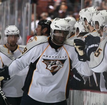 ANAHEIM, CA - APRIL 15:  Joel Ward #29 of the Nashville Predators receives high fives from the bench against the Anaheim Ducks in Game Two of the Western Conference Quarterfinals during the 2011 NHL Stanley Cup Playoffs at Honda Center on April 15, 2011 i