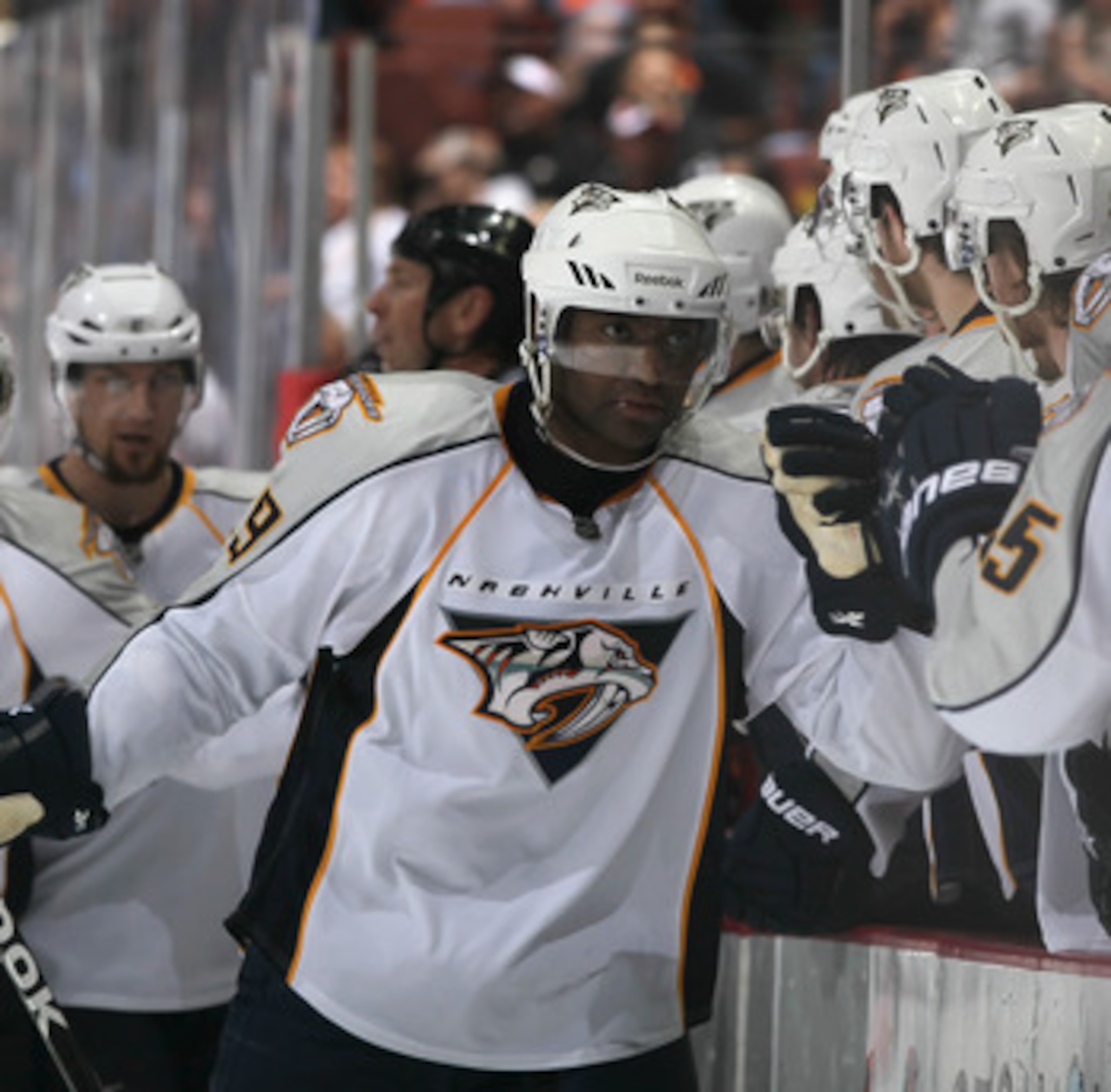 ANAHEIM, CA - APRIL 15:  Joel Ward #29 of the Nashville Predators receives high fives from the bench against the Anaheim Ducks in Game Two of the Western Conference Quarterfinals during the 2011 NHL Stanley Cup Playoffs at Honda Center on April 15, 2011 i