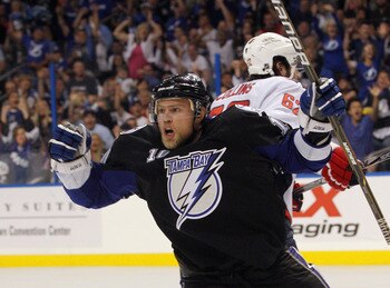 TAMPA, FL - MAY 04:  Sean Bergenheim #10 of the Tampa Bay Lightning scores at 4:41 of the second period against the Washington Capitals in Game Four of the Eastern Conference Semifinals during the 2011 NHL Stanley Cup Playoffs at the St Pete Times Forum o