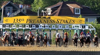 BALTIMORE - MAY 15:  The pack leaves the gate to start the 135th running of the Preakness Stakes at Pimlico Race Course on May 15, 2010 in Baltimore, Maryland.  (Photo by Jim McIsaac/Getty Images)