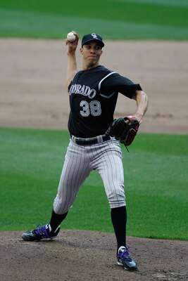 MILWAUKEE, WI - APRIL 05: Pitcher Ubaldo Jimenez #38 of the Colorado Rockies pitches the baseball against the Milwaukee Brewers at the Miller Park on April 05, 2010 in Milwaukee, Wisconsin. The Rockies defeated the Brewers 5-3.(Photo by Scott Boehm/Getty 