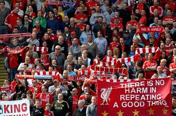 LIVERPOOL, ENGLAND - MAY 01:   Liverpool fans on the Kop display banners in support of their manager Kenny Dalglish the Barclays Premier League match between Liverpool  and Newcastle United at Anfield on May 1, 2011 in Liverpool, England.  (Photo by Clive