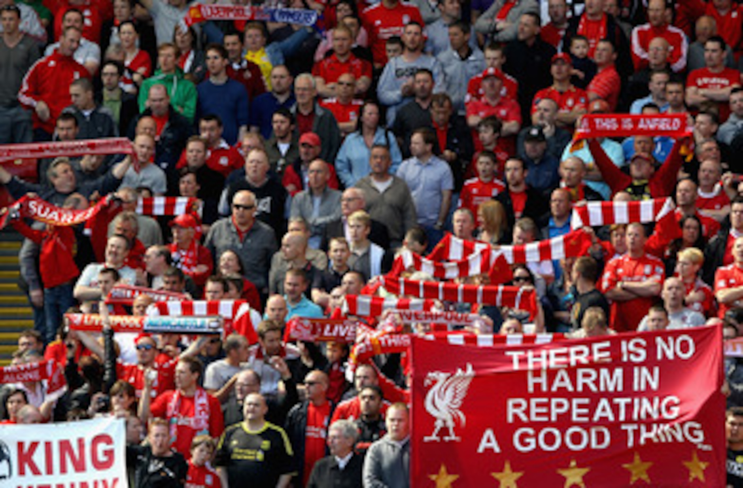 LIVERPOOL, ENGLAND - MAY 01:   Liverpool fans on the Kop display banners in support of their manager Kenny Dalglish the Barclays Premier League match between Liverpool  and Newcastle United at Anfield on May 1, 2011 in Liverpool, England.  (Photo by Clive