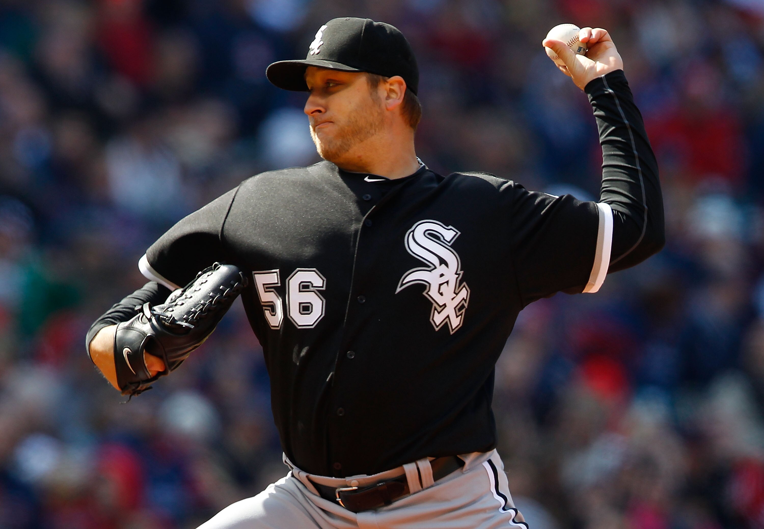 CLEVELAND - APRIL 01:  Mark Buehrle #56 of the Chicago White Sox pitches against  the Cleveland Indians during the Opening Day game on April 1, 2011 at Progressive Field in Cleveland, Ohio.  (Photo by Jared Wickerham/Getty Images)