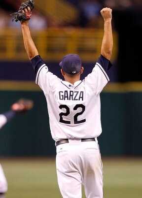 ST PETERSBURG, FL - JULY 26:  Pitcher Matt Garza #22 of the Tampa Bay Rays celebrates his no hitter against the Detroit Tigers during the game at Tropicana Field on July 26, 2010 in St. Petersburg, Florida. Tampa Bay beat Detroit 5-0.  (Photo by J. Meric/
