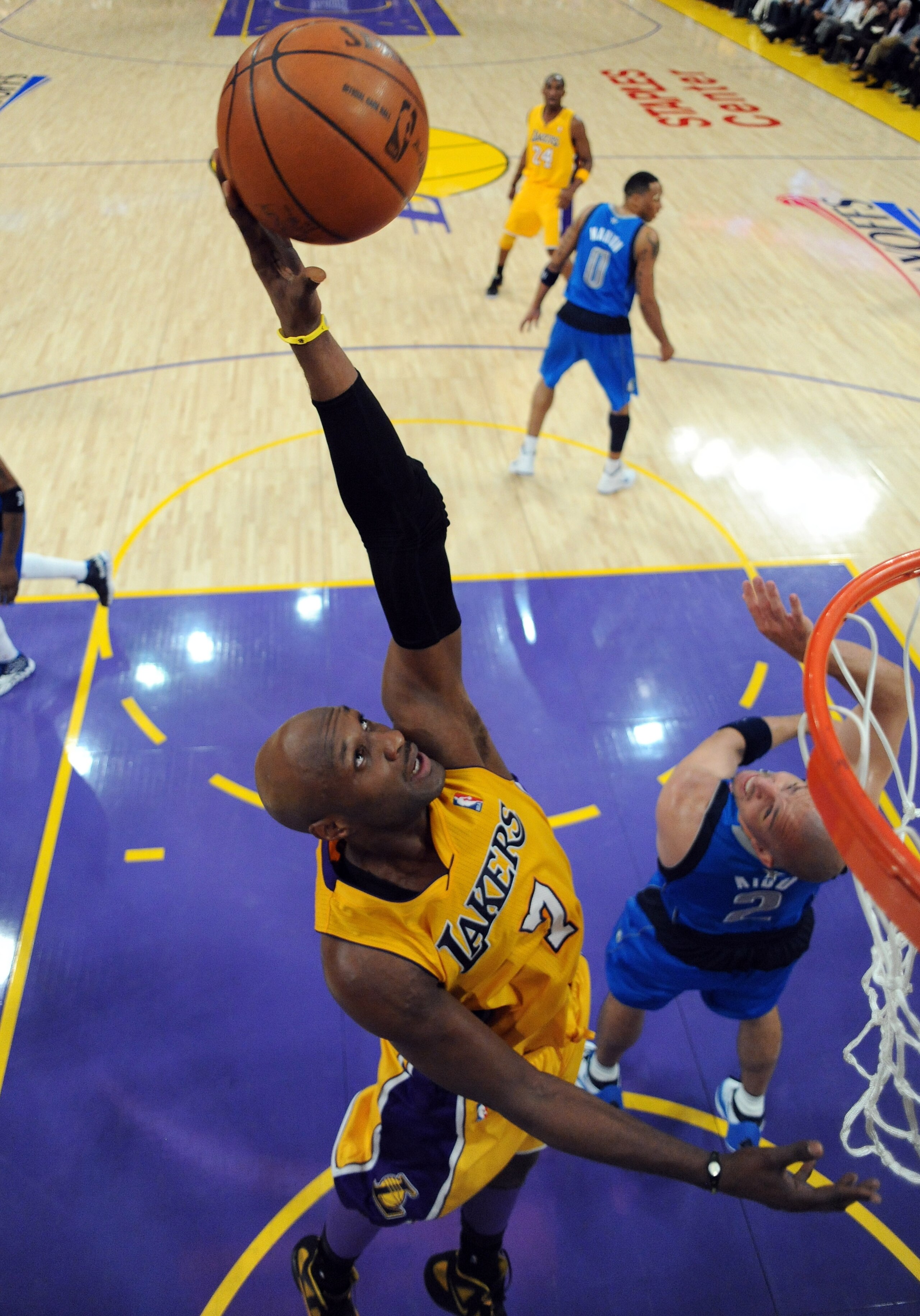 LOS ANGELES, CA - MAY 02:  Lamar Odom #7 of the Los Angeles Lakers goes up for a rebound in the first half while taking on the Dallas Mavericks in Game One of the Western Conference Semifinals in the 2011 NBA Playoffs at Staples Center on May 2, 2011 in L